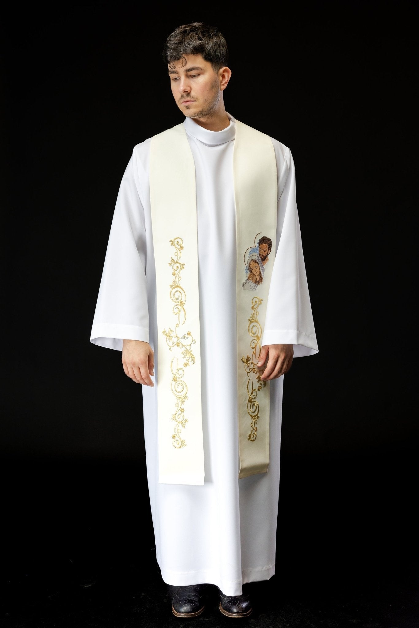 Stola ricamata con l'immagine della Sacra Famiglia per Natale KZS/550/05/01 ECRU - PERILPRETE.IT