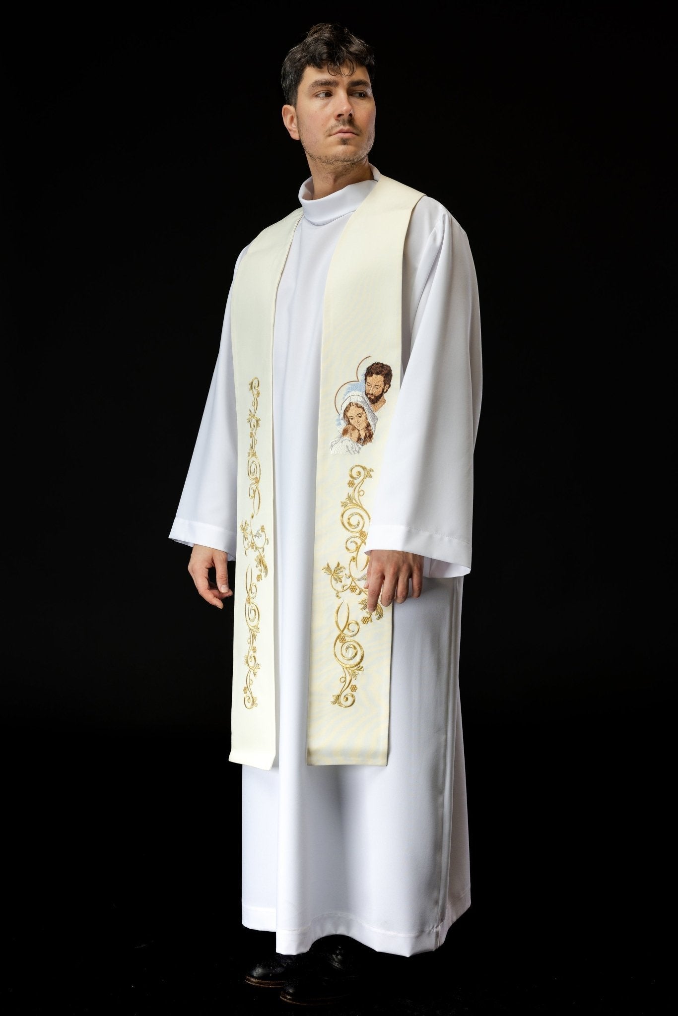 Stola ricamata con l'immagine della Sacra Famiglia per Natale KZS/550/05/01 ECRU - PERILPRETE.IT