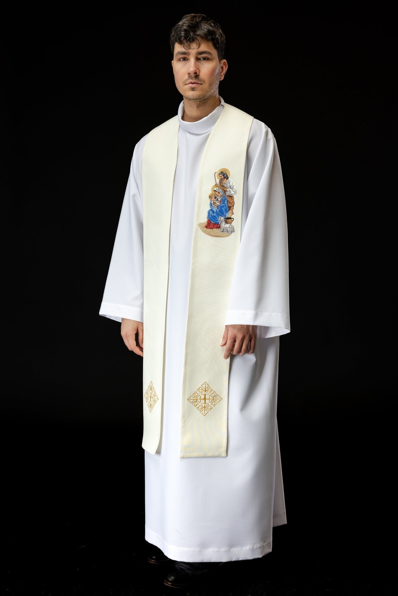 Stola ricamata con l'immagine della Sacra Famiglia per Natale KZS2/260/05/01 ECRU - PERILPRETE.IT