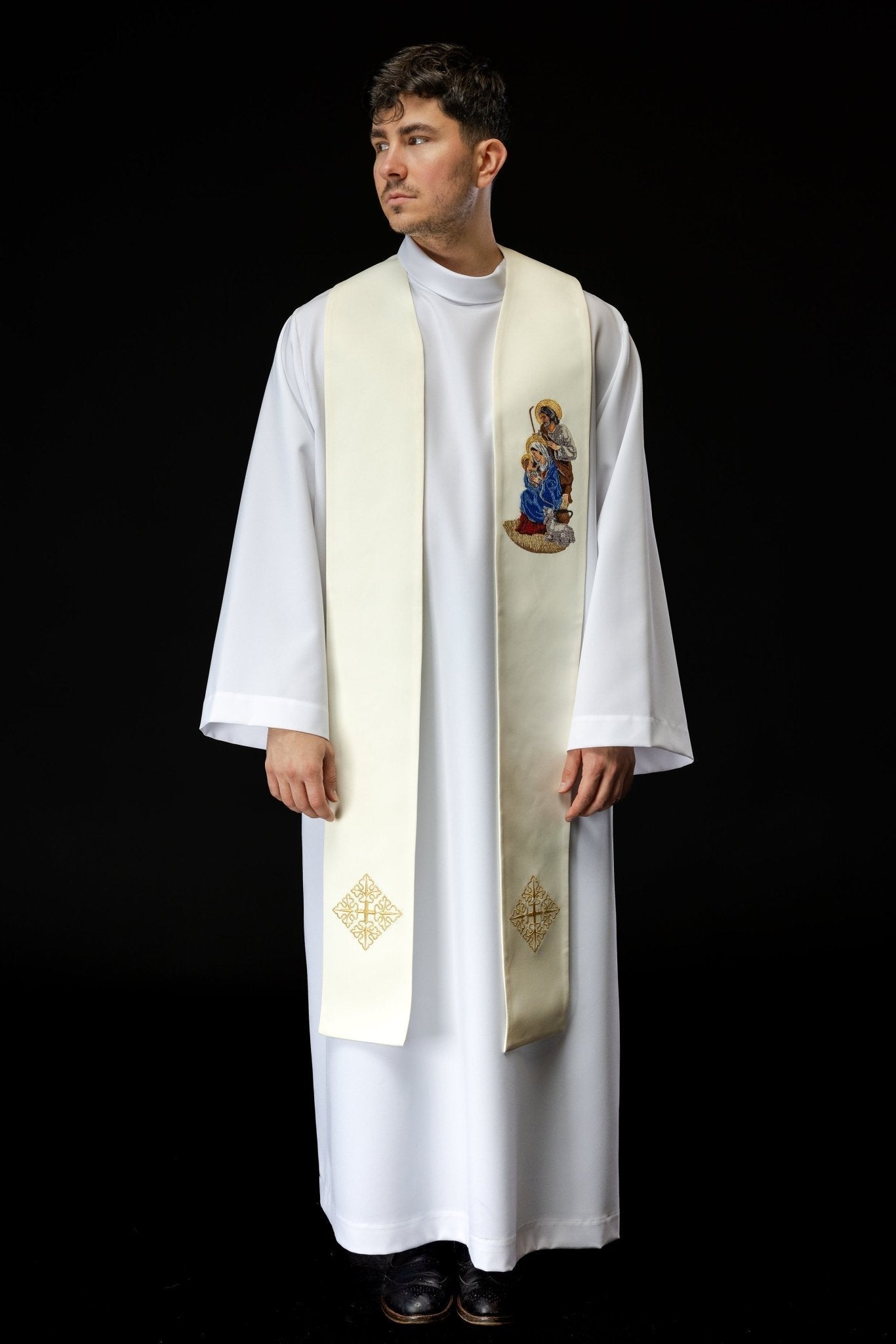 Stola ricamata con l'immagine della Sacra Famiglia per Natale KZS2/260/05/01 ECRU - PERILPRETE.IT