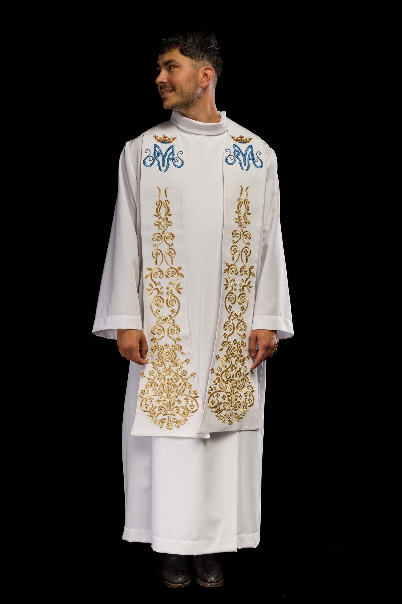 Stola sacerdotale bianca ricamata motivo Mariano con corona KST/040/04/01 BIAŁY - PERILPRETE.IT