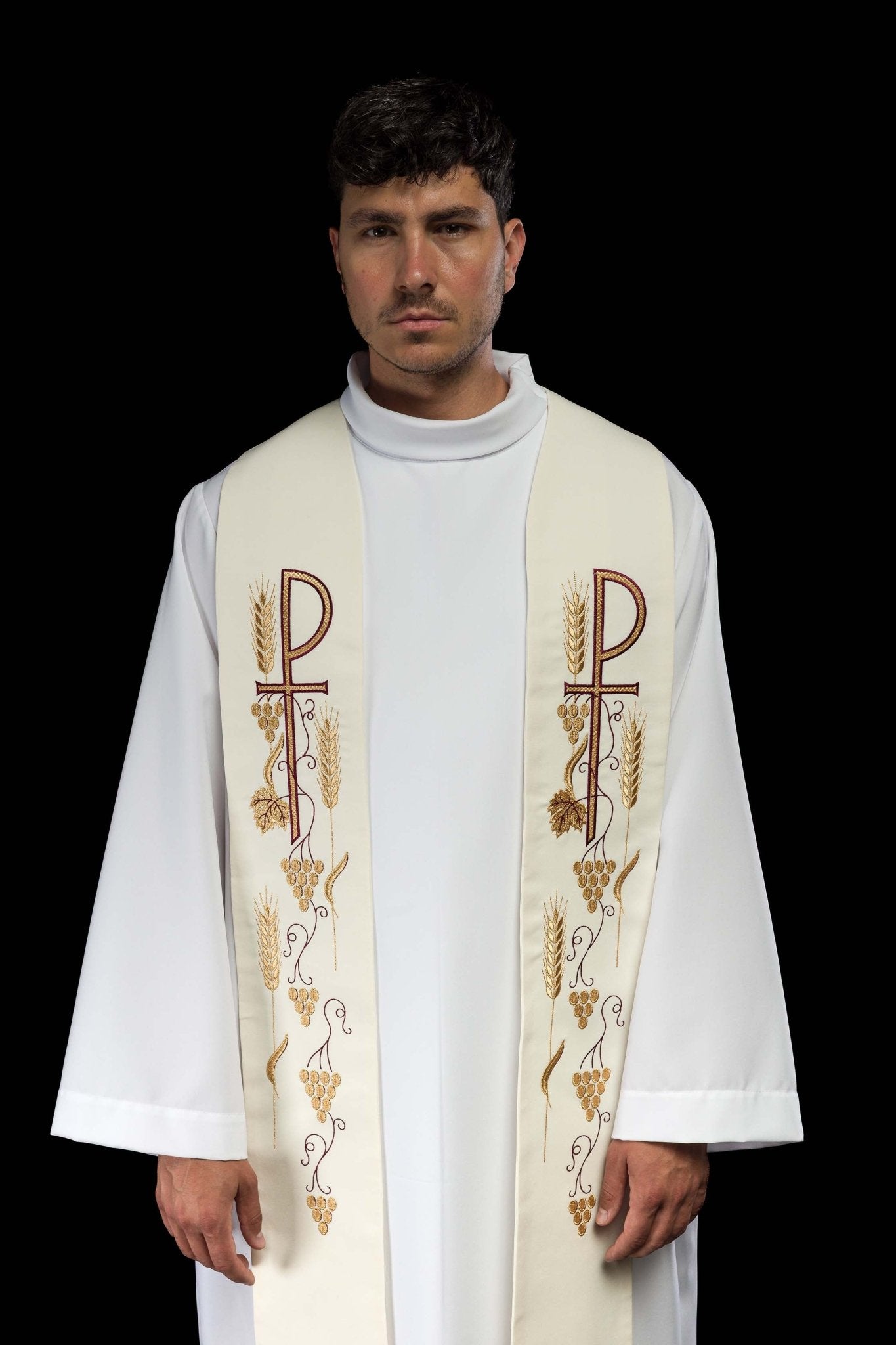 Stola sacerdotale écru ricamata con croce e uva KST/027/05/01 ECRU - PERILPRETE.IT