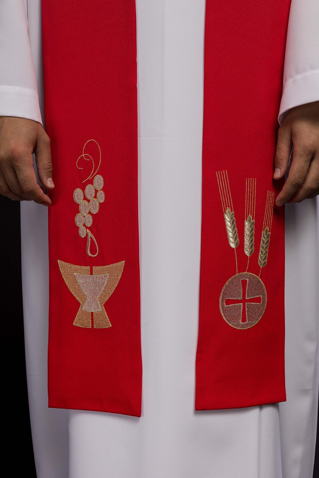 Stola sacerdotale rossa ricamata con calice spighe e grappoli d’uva KST/009/02/01 CZERWONY - PERILPRETE.IT