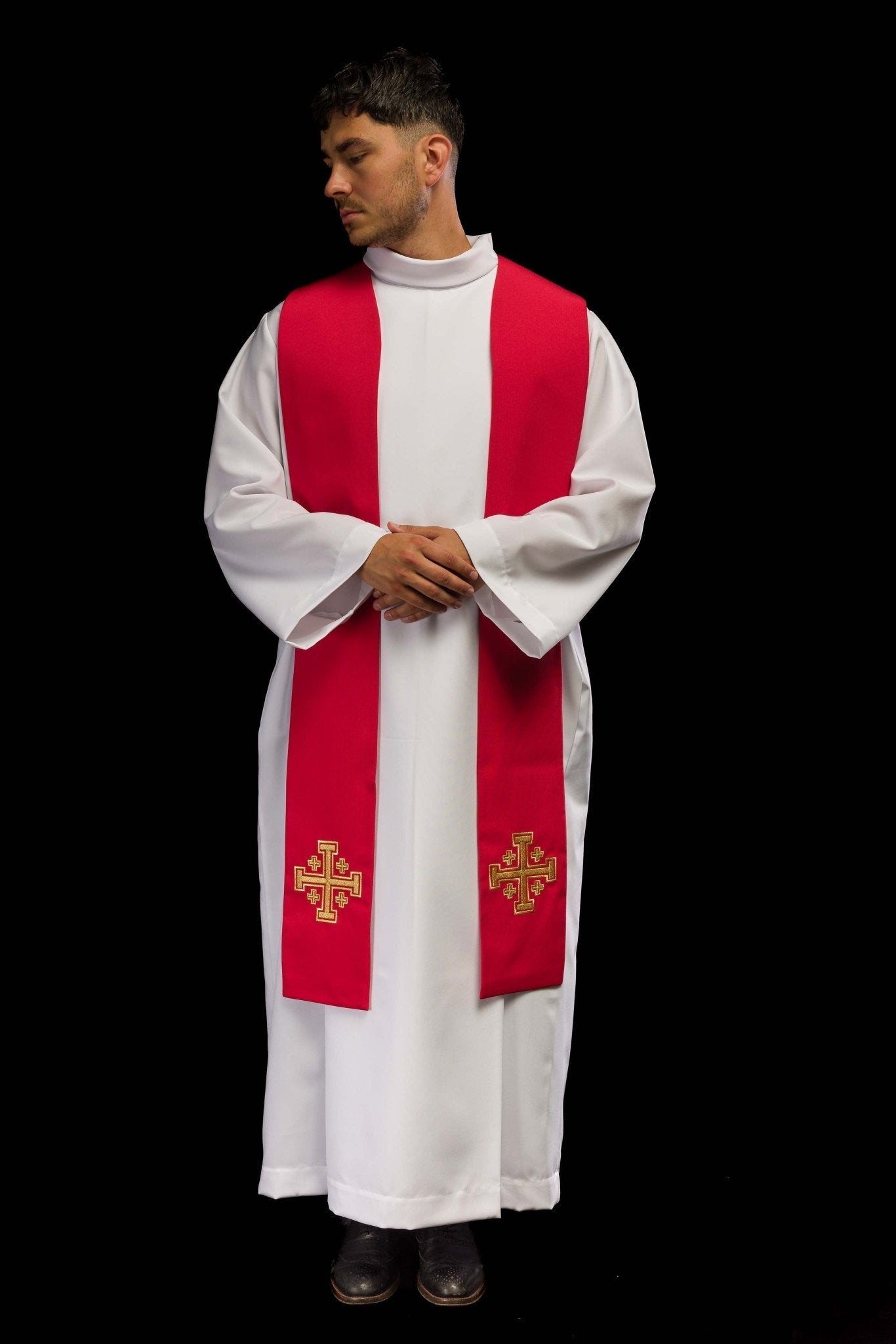 Stola sacerdotale rossa ricamata Croce di Gerusalemme KST/046/02/01 CZERWONY - PERILPRETE.IT
