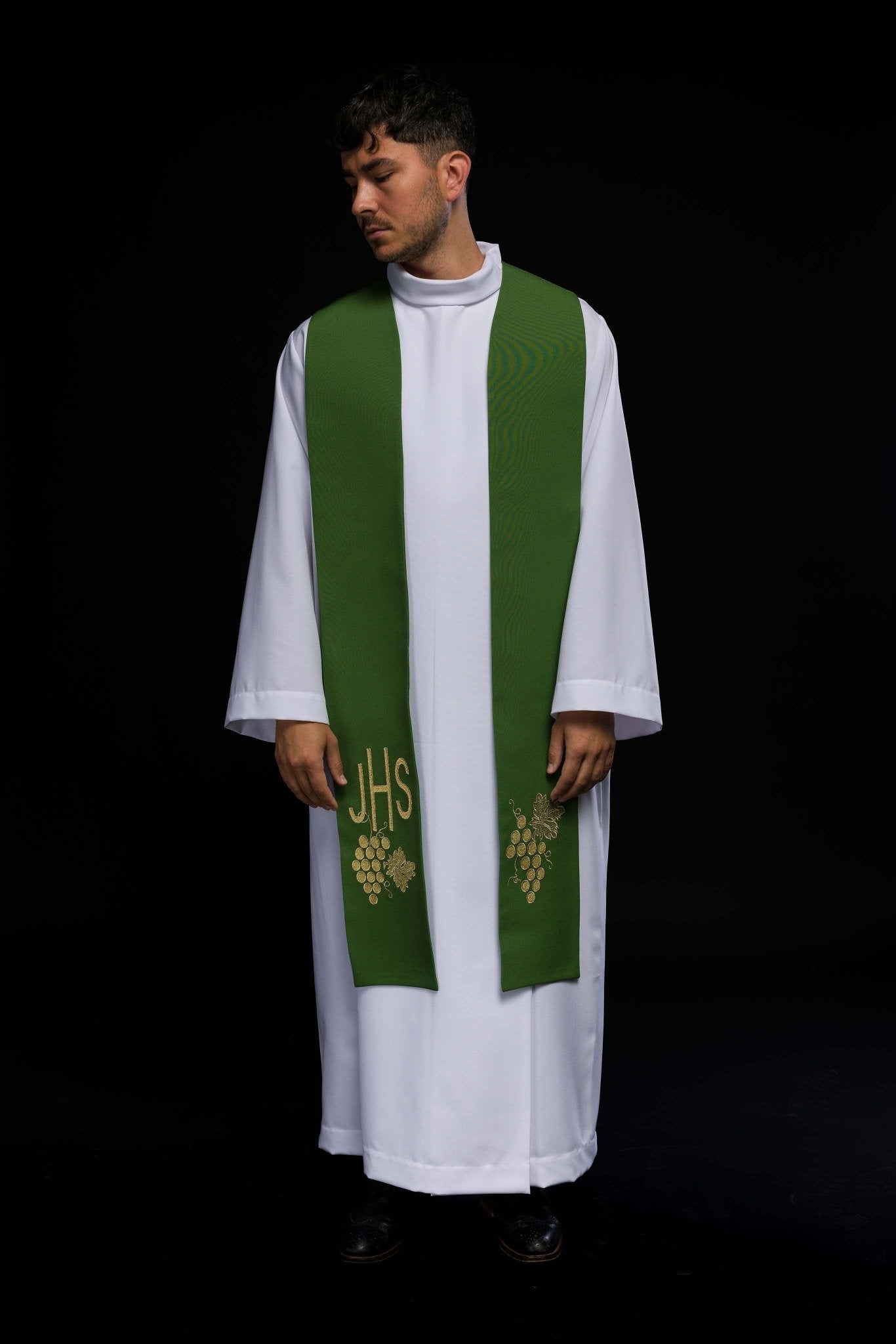 Stola sacerdotale verde ricamata IHS con uva KST/068/01/01 ZIELONY - PERILPRETE.IT