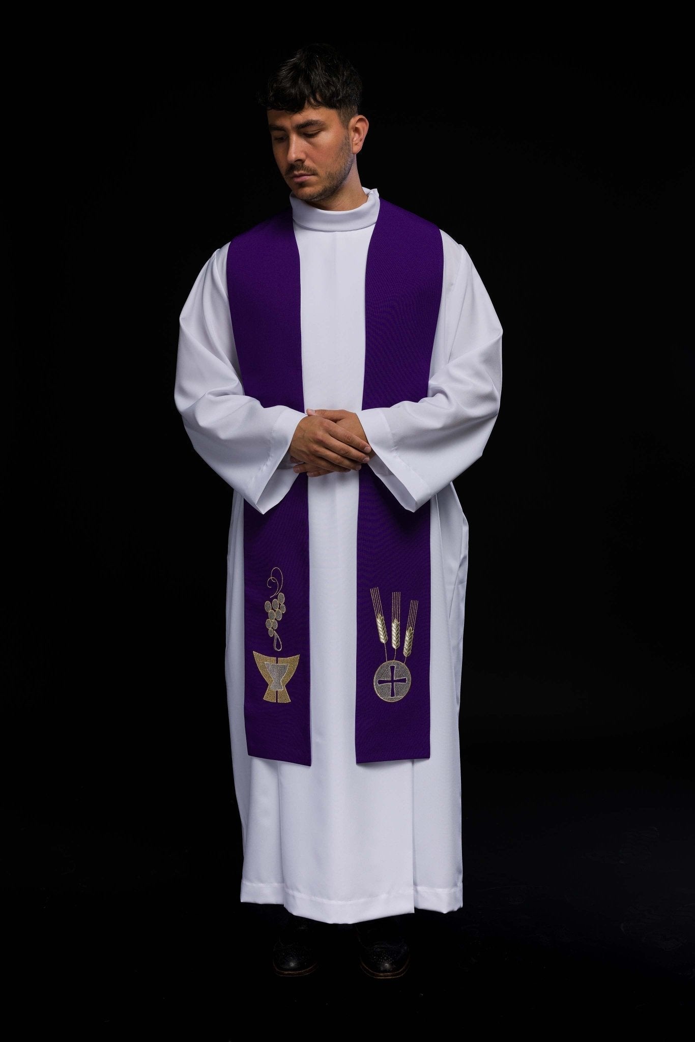Stola sacerdotale viola ricamata Calice, Spighe e Uva KST/009/03/01 FIOLET - PERILPRETE.IT