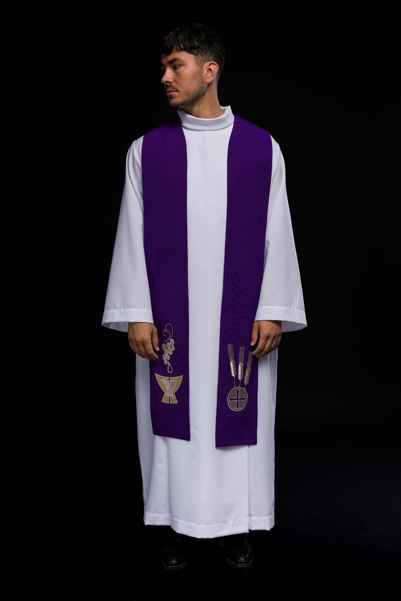 Stola sacerdotale viola ricamata Calice, Spighe e Uva KST/009/03/01 FIOLET - PERILPRETE.IT