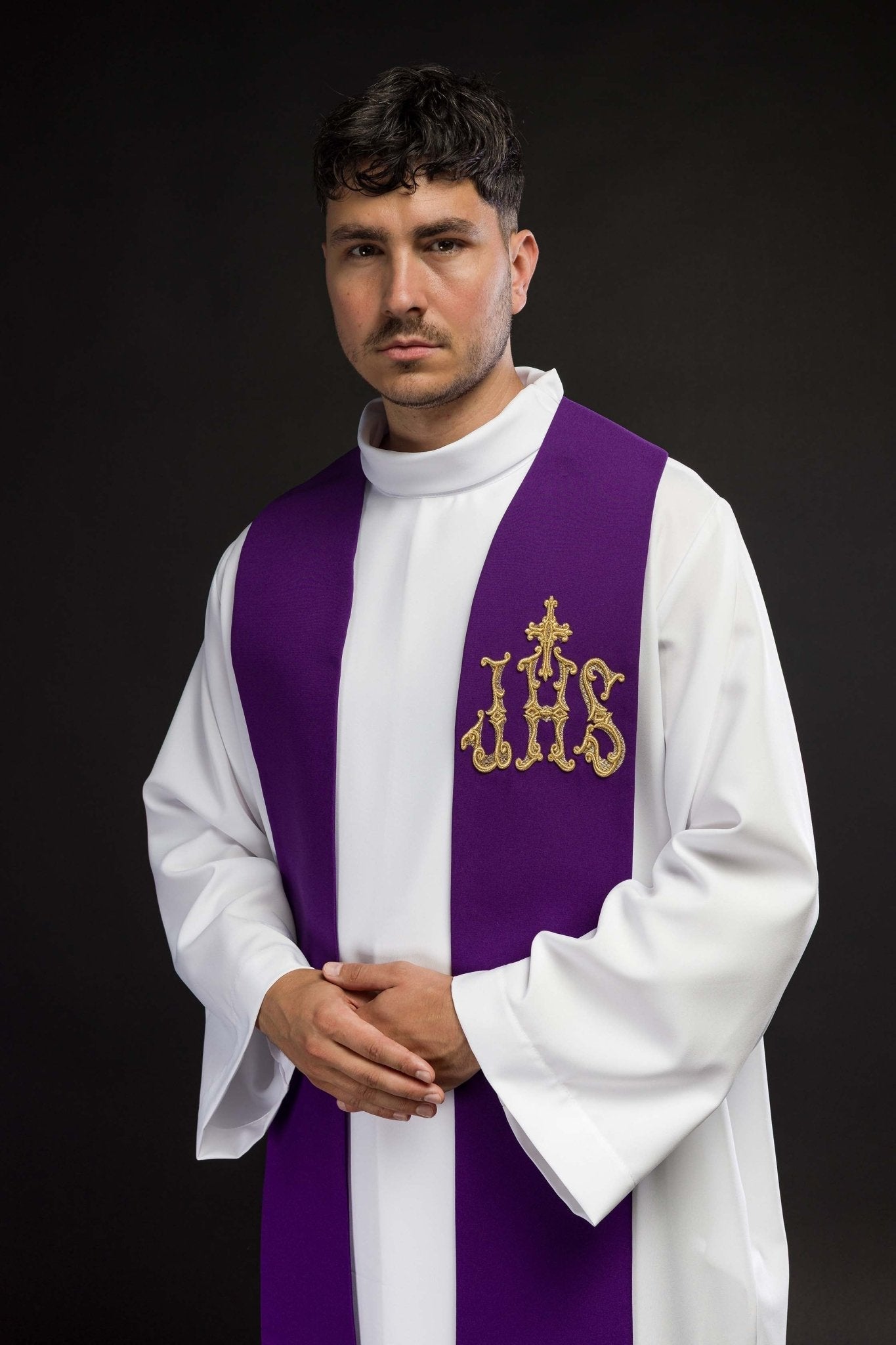 Stola sacerdotale viola ricamata croce e IHS KST/157/03/01 FIOLET - PERILPRETE.IT