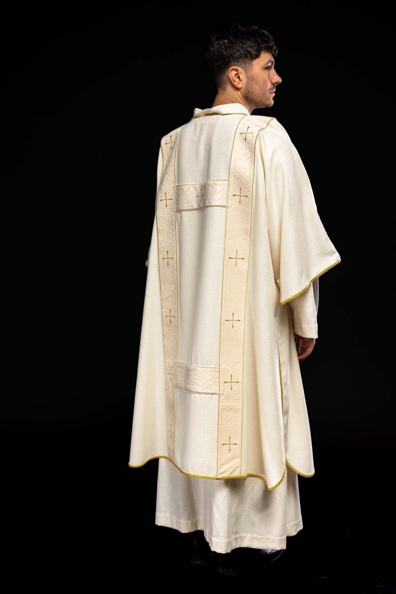 Tendina con strisce di velluto e croci dorate ricamate, ecru KDL/395/05/71/B - PERILPRETE.IT