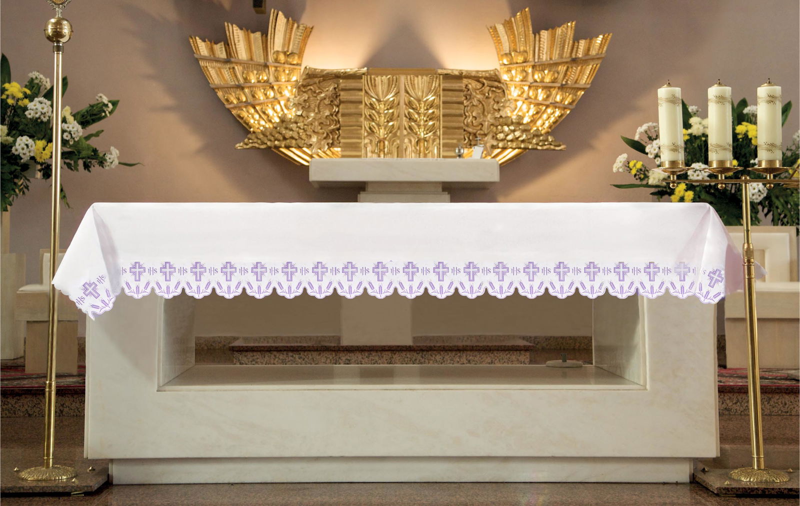 Tovaglia d'altare con croci ricamate e finiture viola KOO/040/C2 150*300 - PERILPRETE.IT