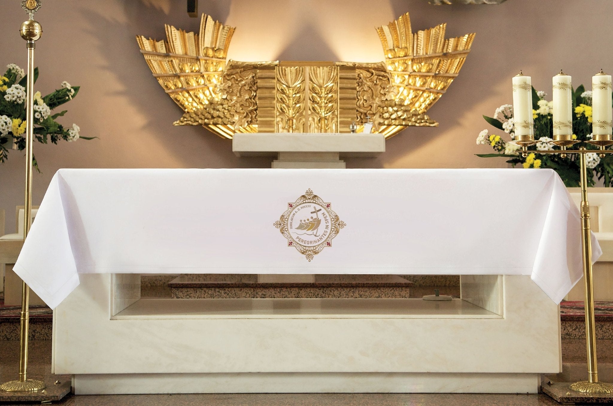 Tovaglia d’altare con ricamo "GIUBILEO ROMA 2025" in colore ecru JR/012 150*300cm - PERILPRETE.IT