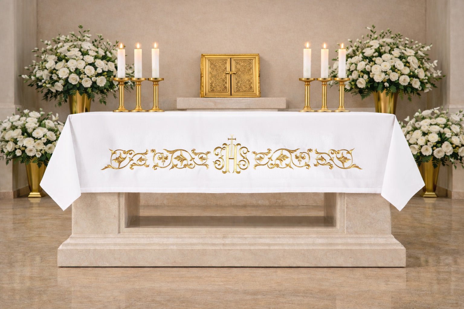 Tovaglia d’altare con simbolo IHS ricamato S-8859-04 150*300 - PERILPRETE.IT