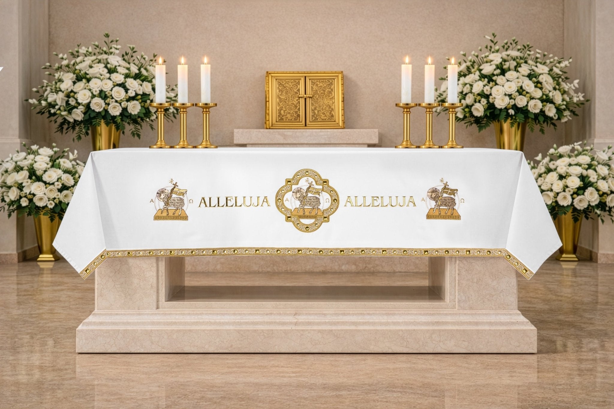 Tovaglia d’altare pasquale con ricamo dell’Agnello S-8872-04 150*300 - PERILPRETE.IT
