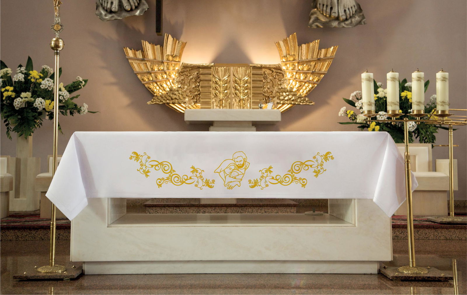 Tovaglia d'altare ricamato con Sacra Famiglia KOH/025 150*300 BIAŁY - PERILPRETE.IT