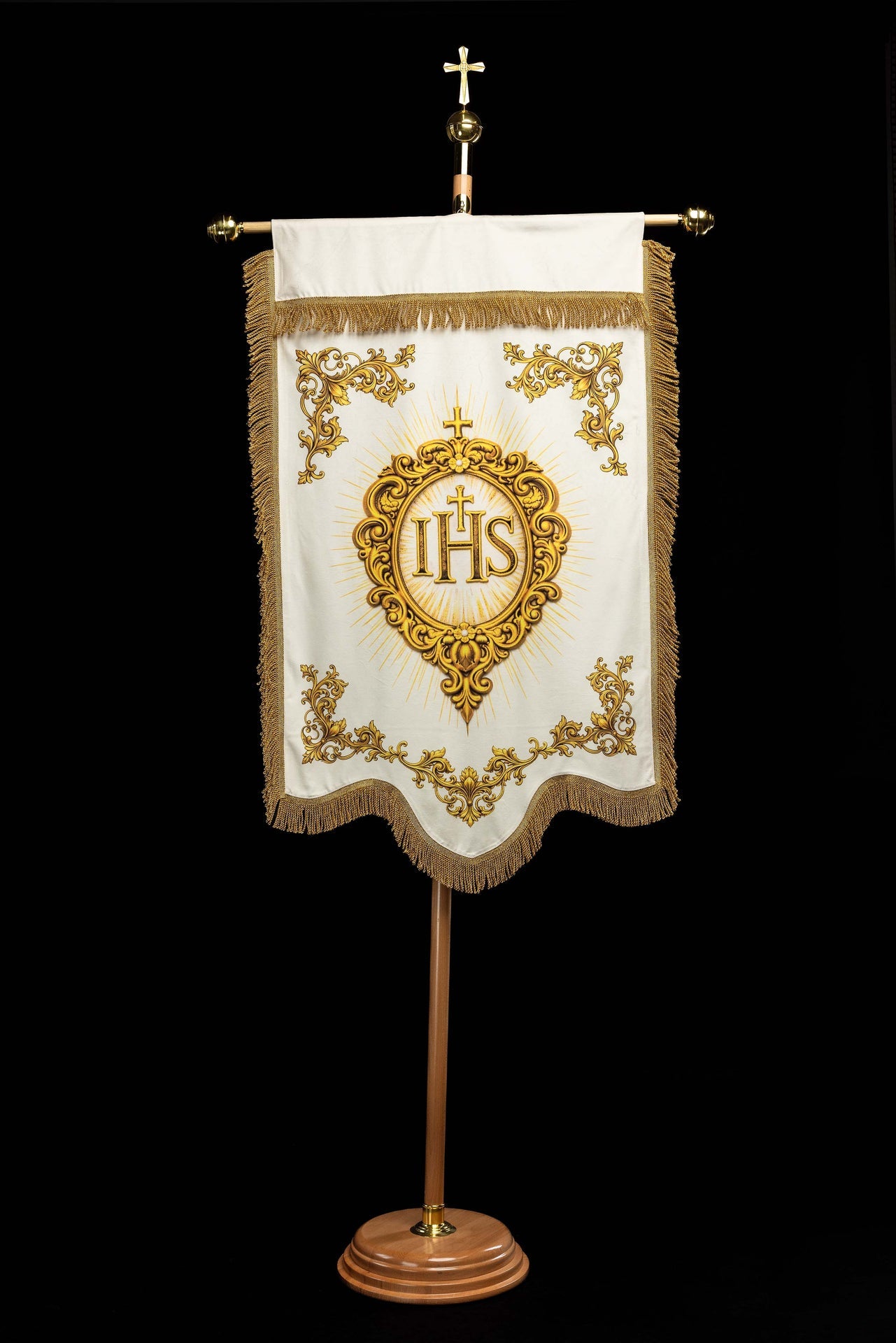 Stendardo liturgico stampato fronte-retro con il Sacro Cuore di Gesù e il cristogramma IHS