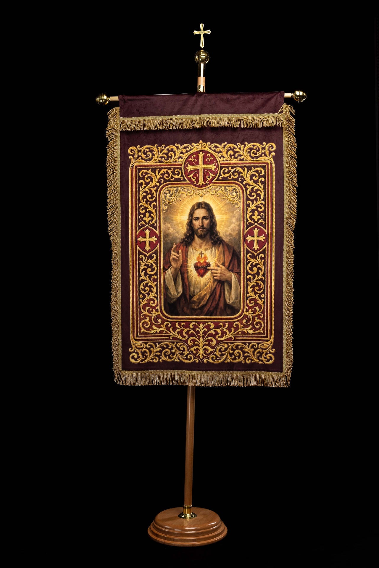 Stendardo liturgico stampato fronte-retro con il Sacro Cuore di Gesù e il calice con IHS