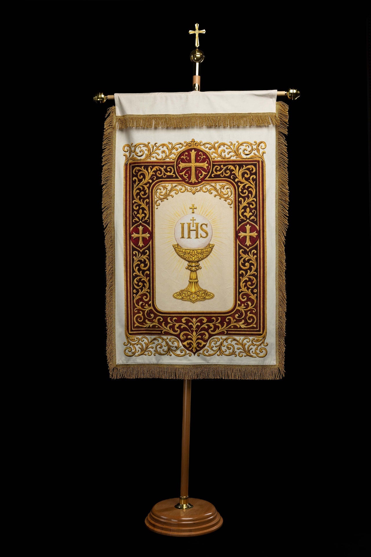 Stendardo liturgico stampato fronte-retro con il Sacro Cuore di Gesù e il calice con IHS