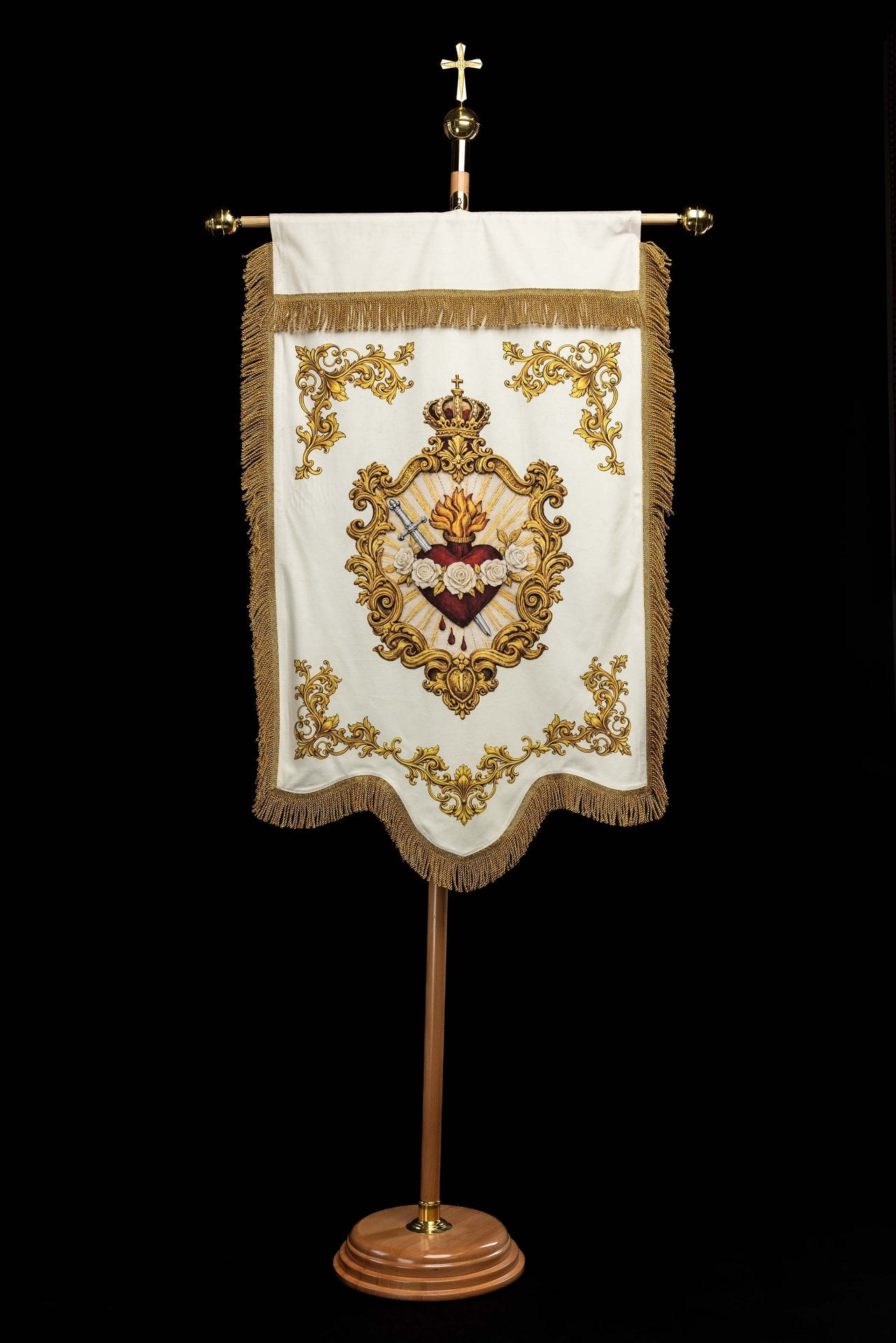 Stendardo liturgico mariano stampato fronte-retro con il simbolo del Cuore e monogramma mariano