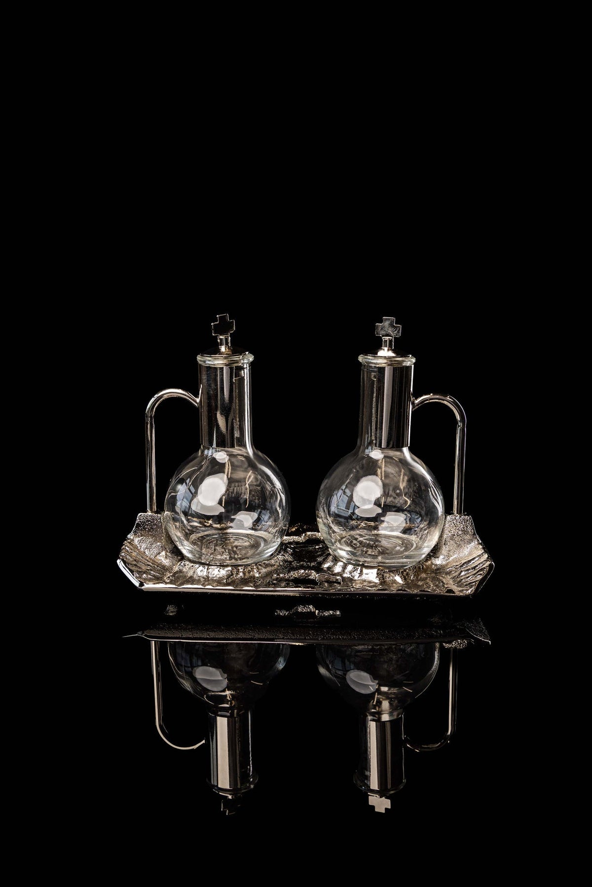 Ampolline liturgiche da 100 ml per vino e acqua con vassoio nichelato