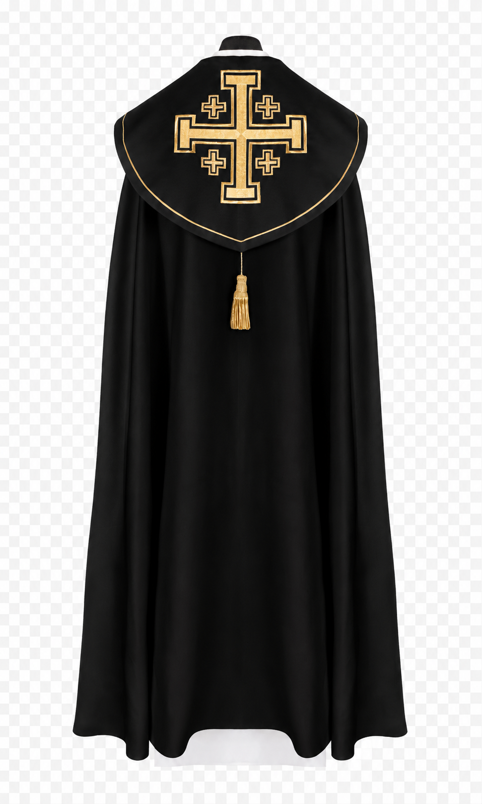 Kapa liturgiczna czarna z pasem i haftem krzyży jerozolimskich
