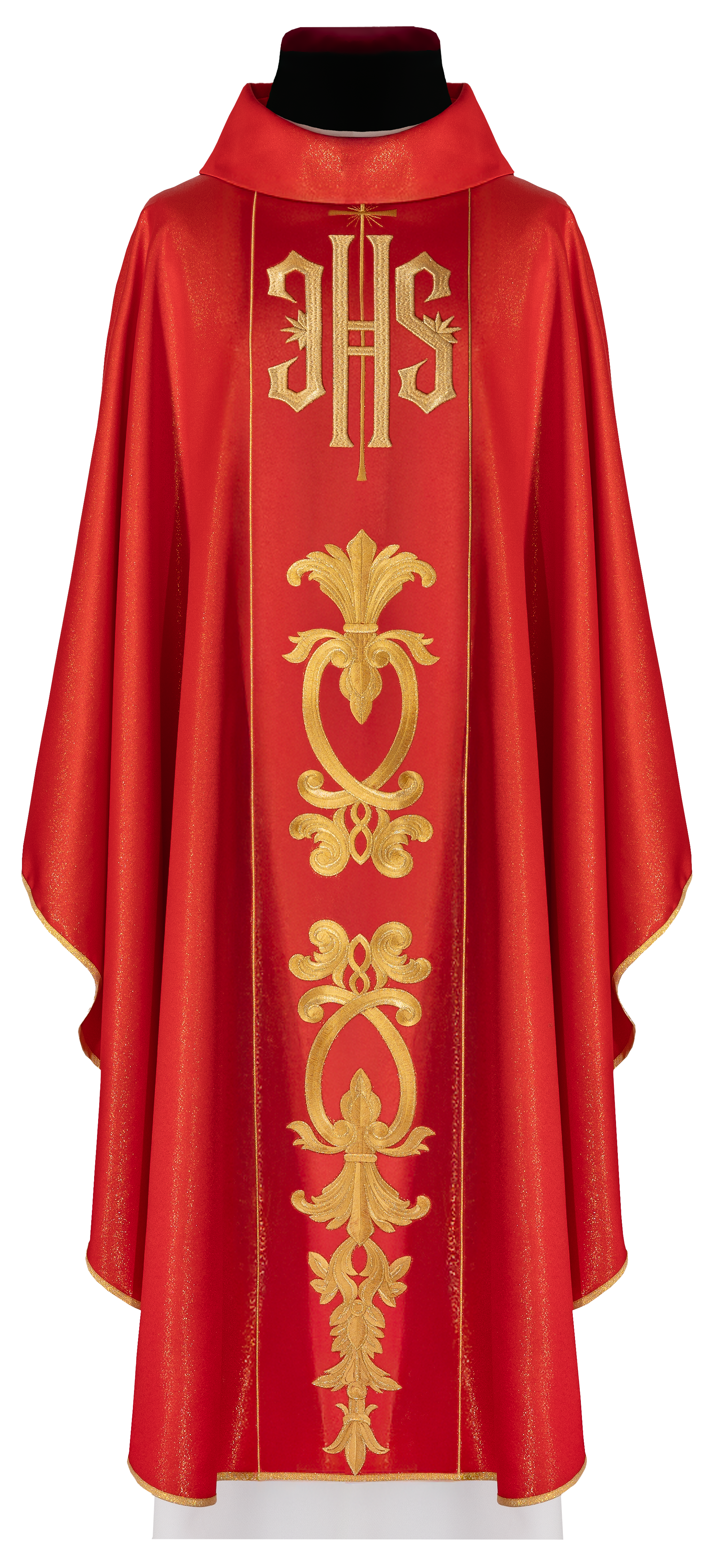 Pianeta rossa riccamente decorata con motivo dorato e ampia fascia IHS