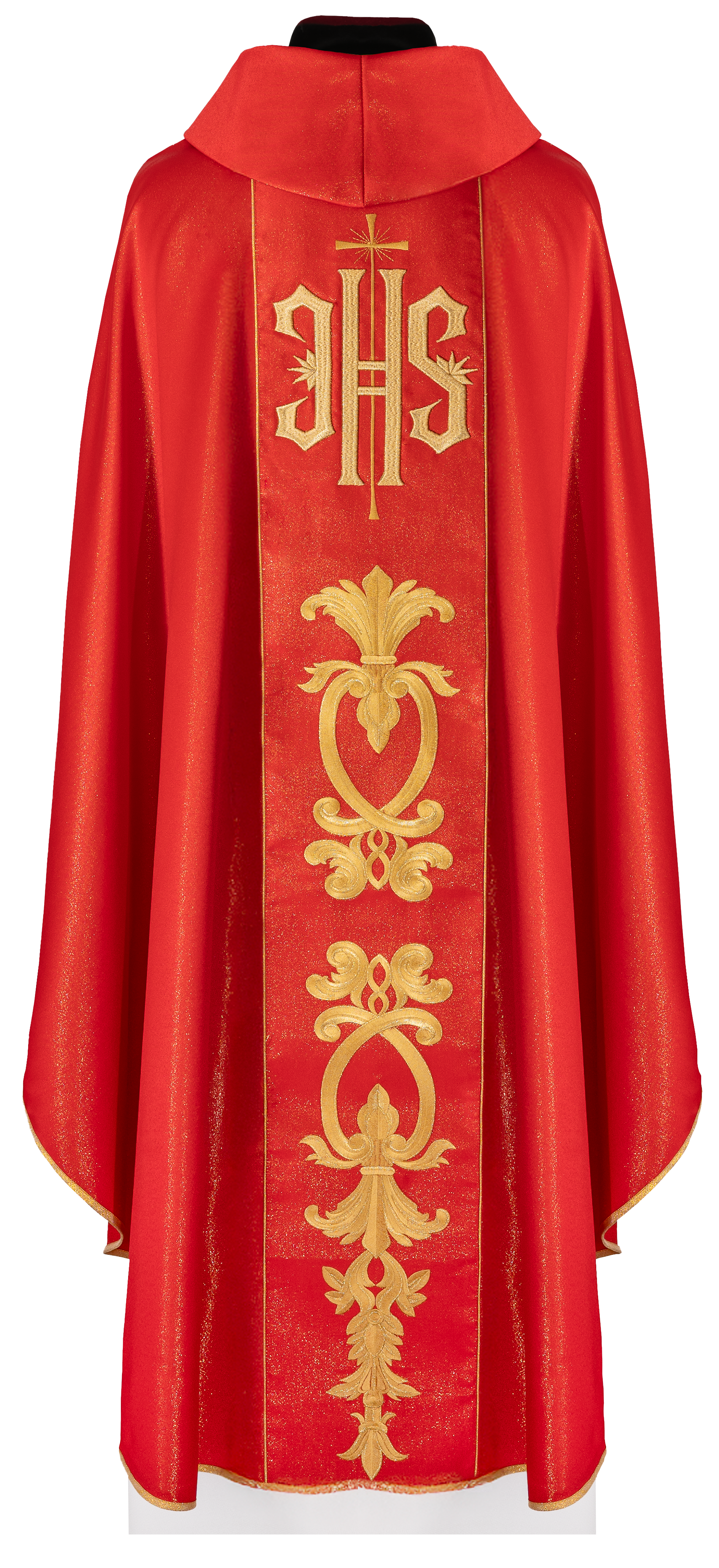 Pianeta rossa riccamente decorata con motivo dorato e ampia fascia IHS