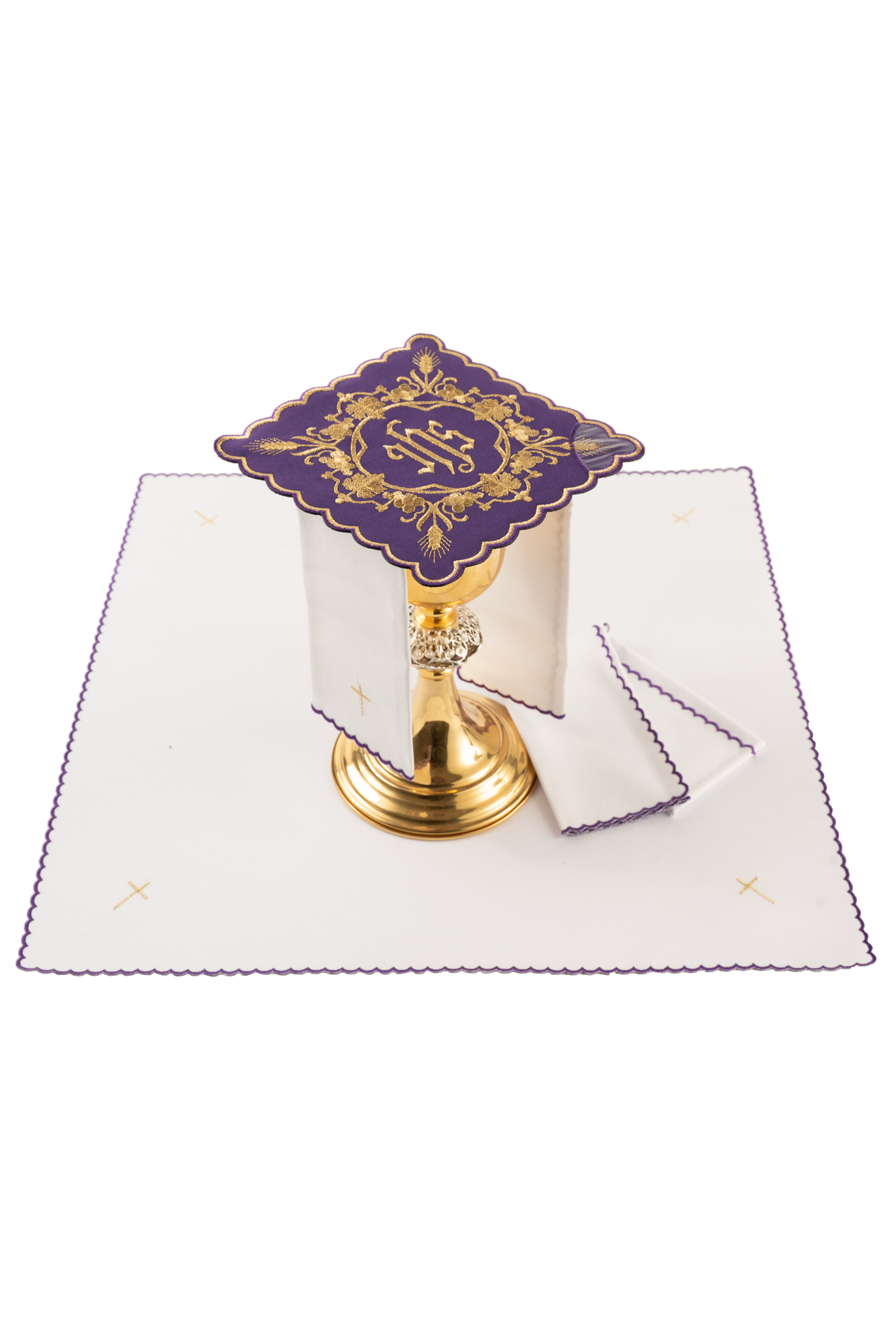 Komplet kielichowy haftowany z motywem IHS fioletowy - ORNATY.PL