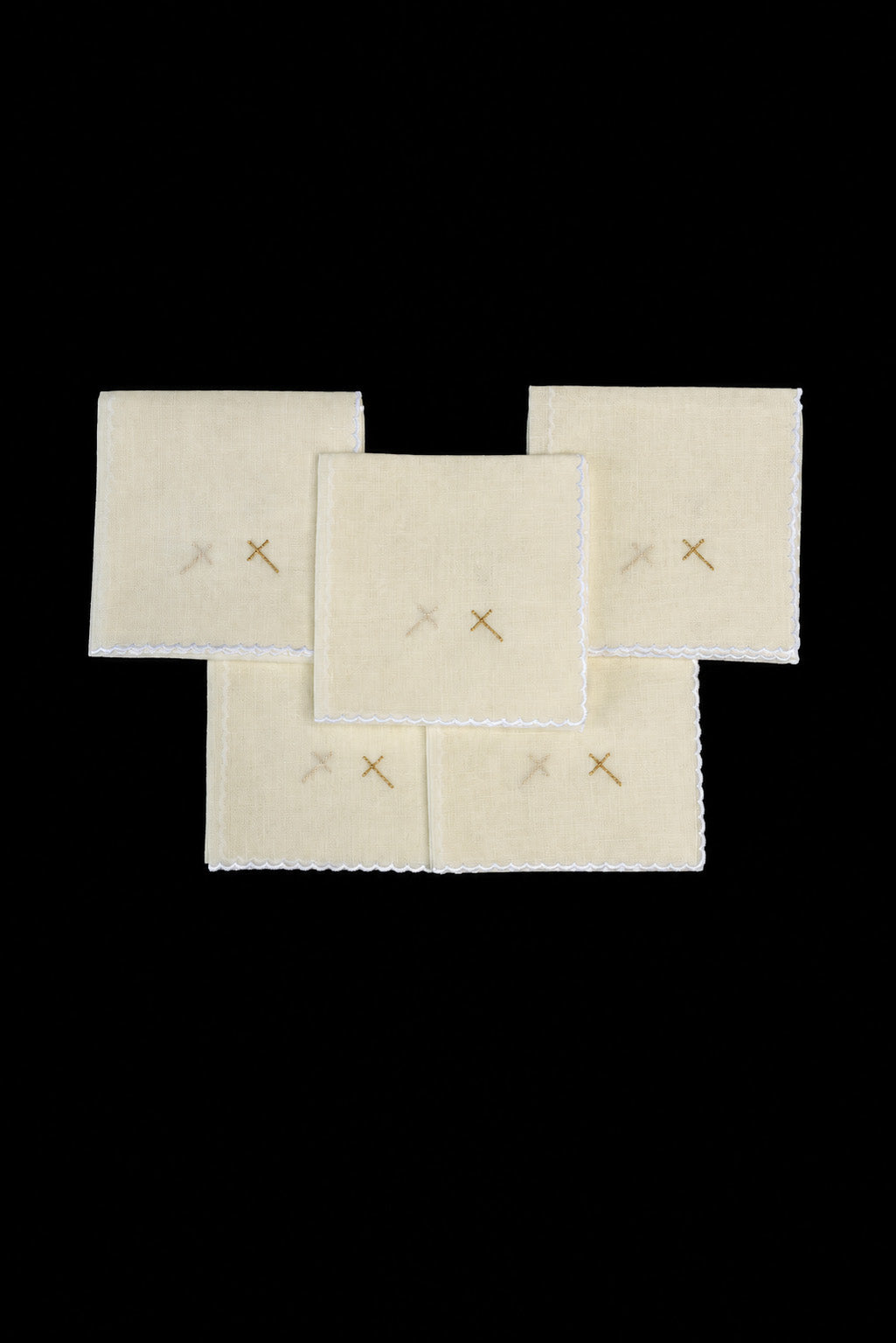 Set di 5 corporali liturgici in lino con ricamo dorato a forma di croce