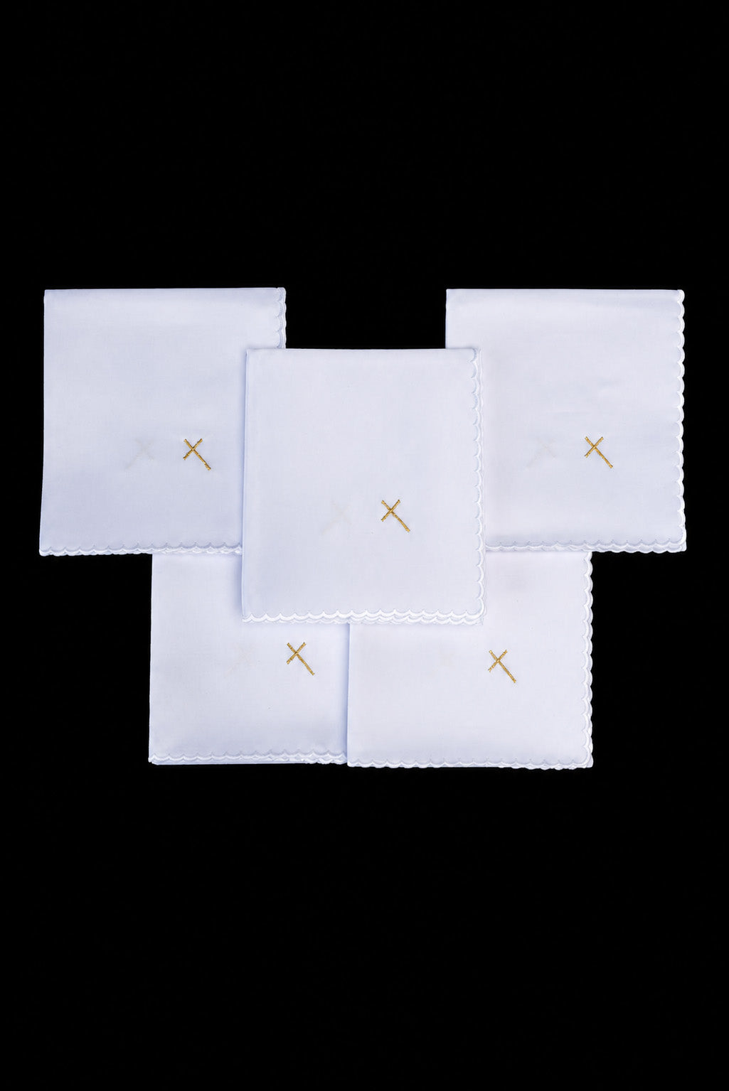 Set di 5 corporali liturgici bianchi con ricamo dorato della croce