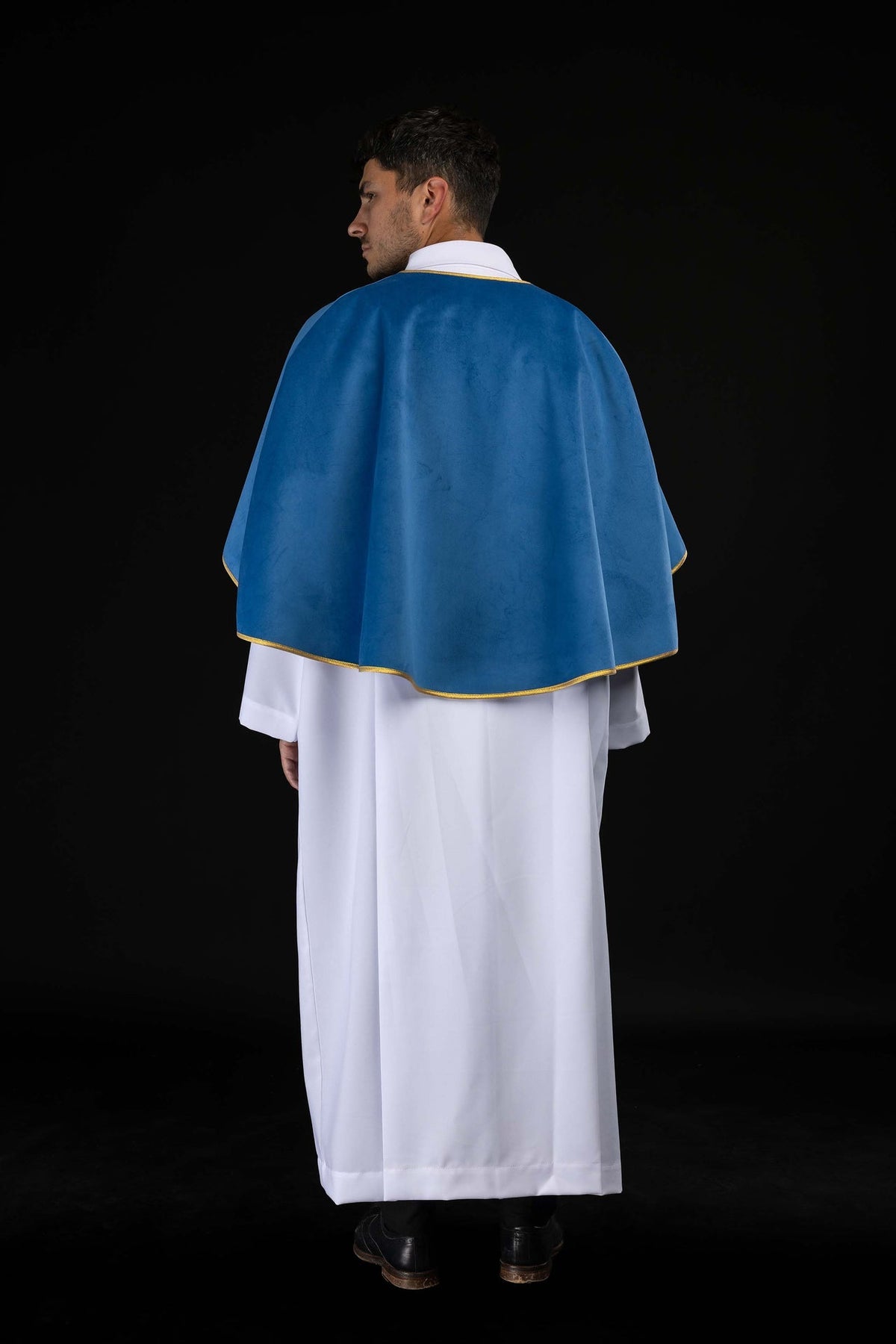 Mantellina da ministrante in velluto blu con bordo dorato