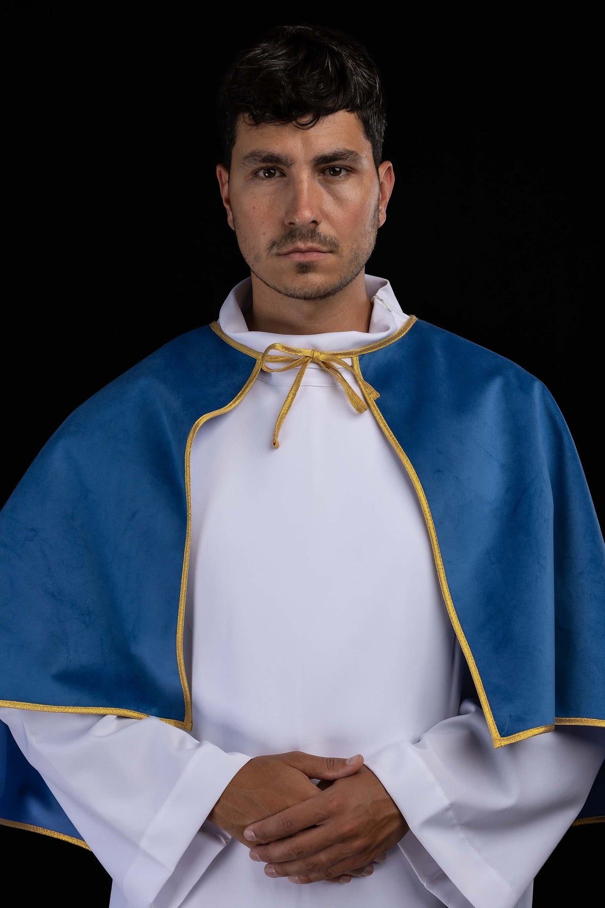 Mantellina da ministrante in velluto blu con bordo dorato