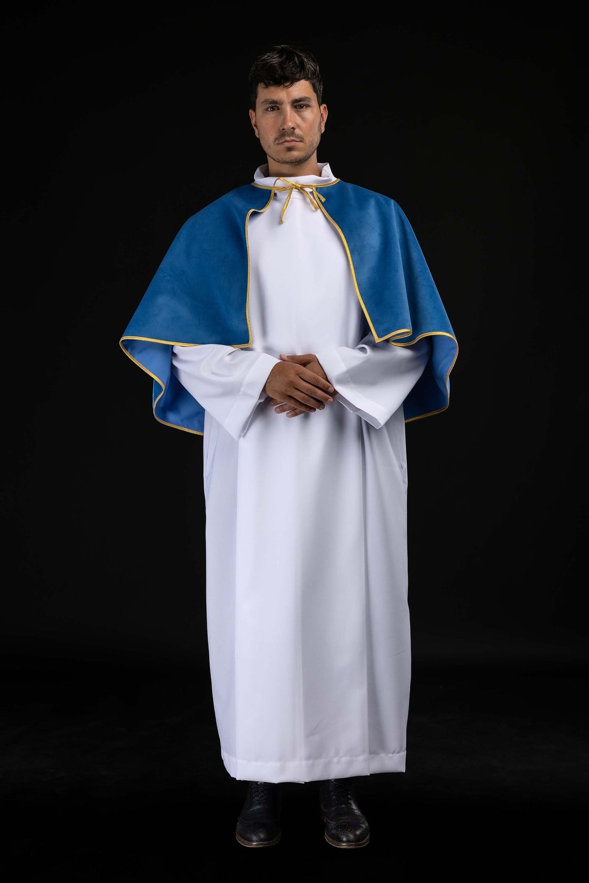Mantellina da ministrante in velluto blu con bordo dorato