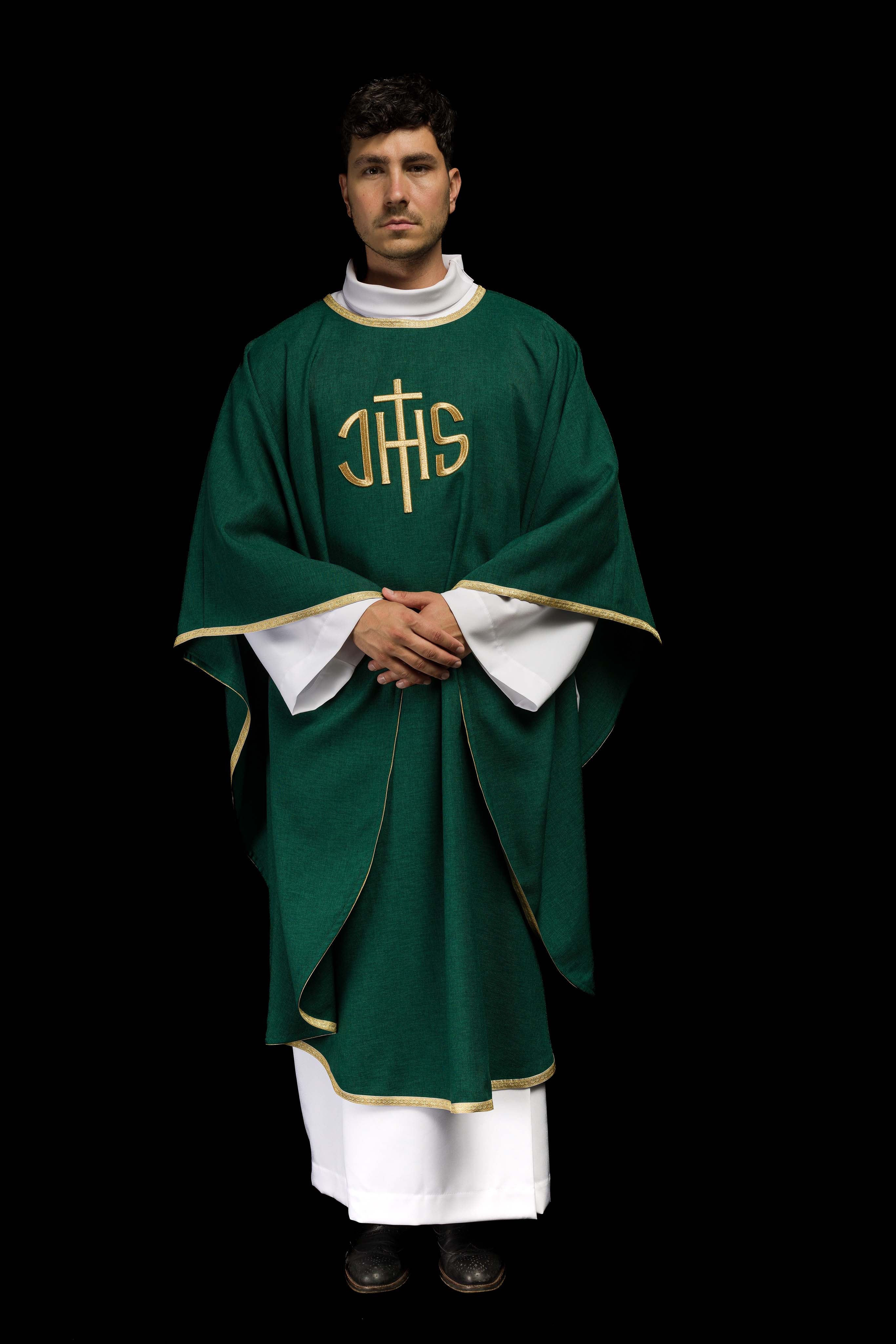 Casula liturgica verde con ricamo dorato IHS