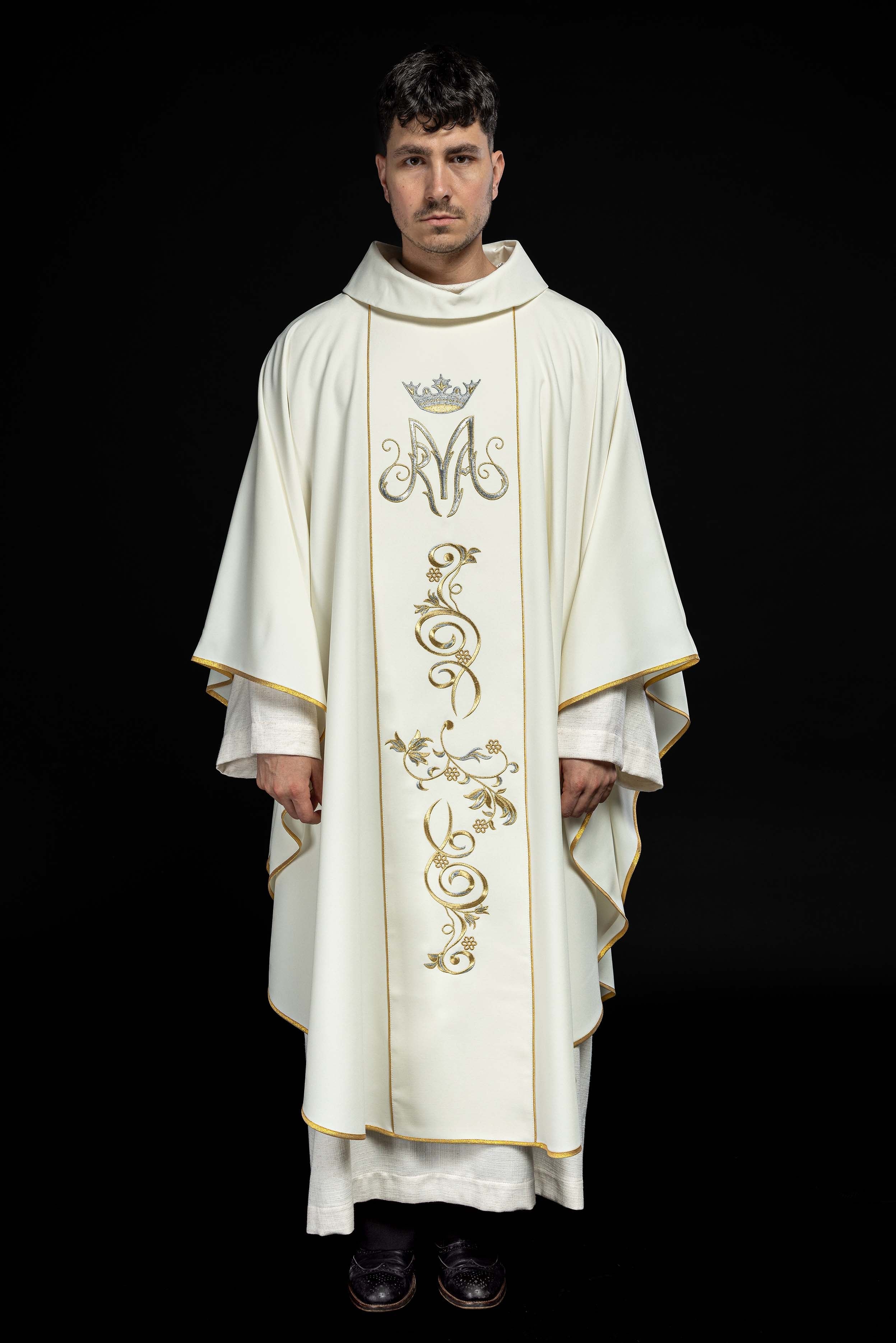 Casula liturgica mariana con fascia ricamata