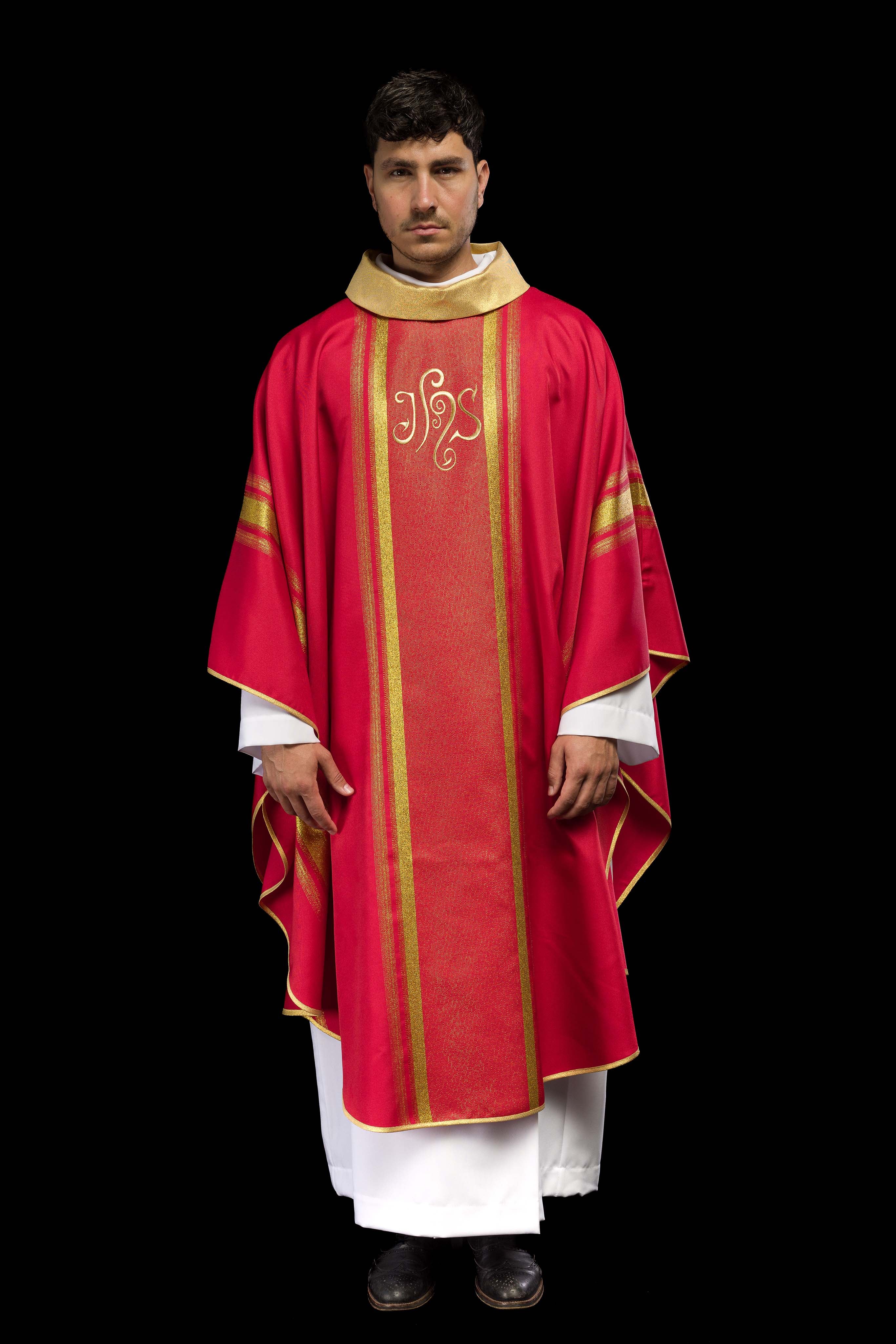 Casula liturgica Rossa decorata con ricamo IHS