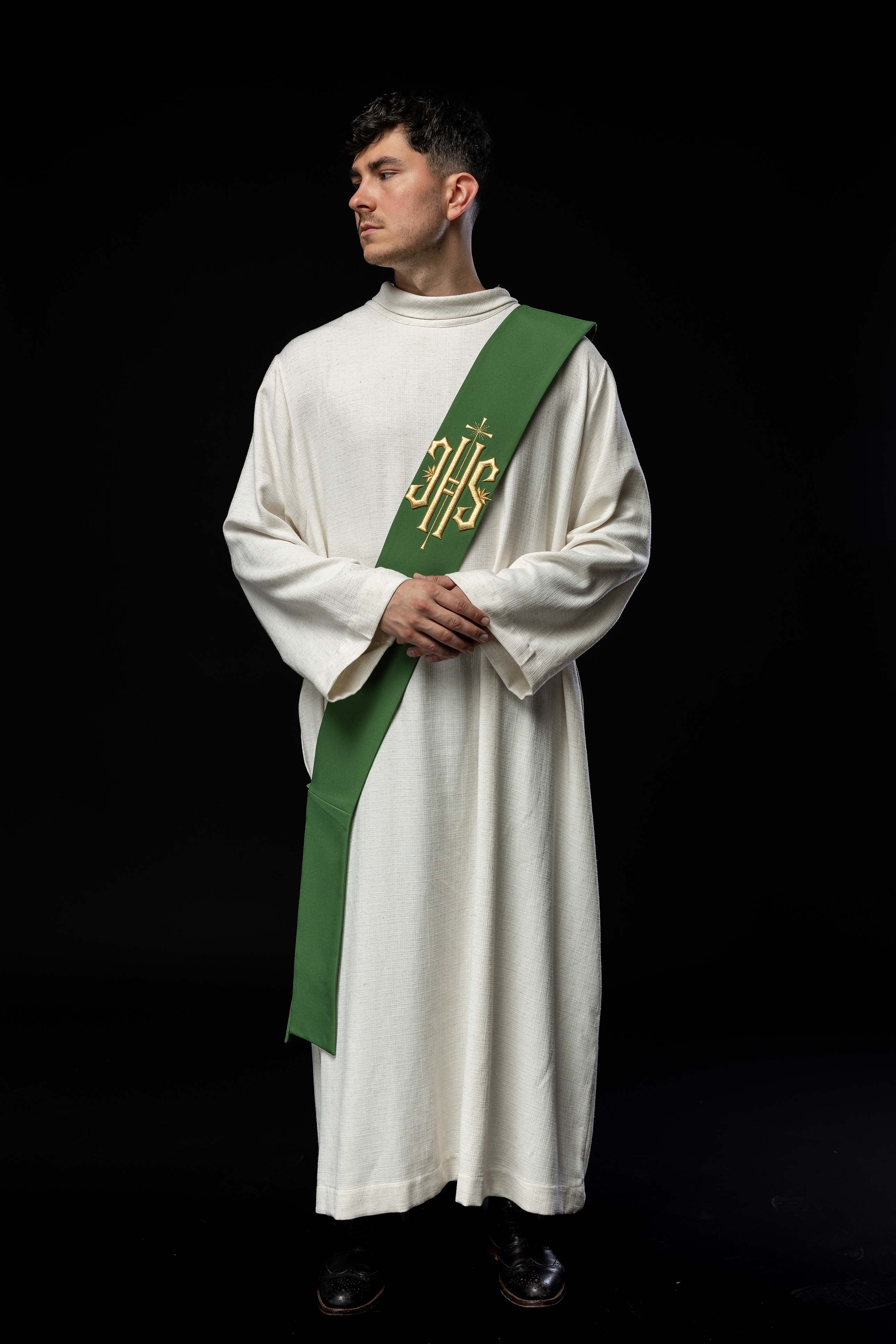 Stola diaconale ricamata IHS con Croce Verde