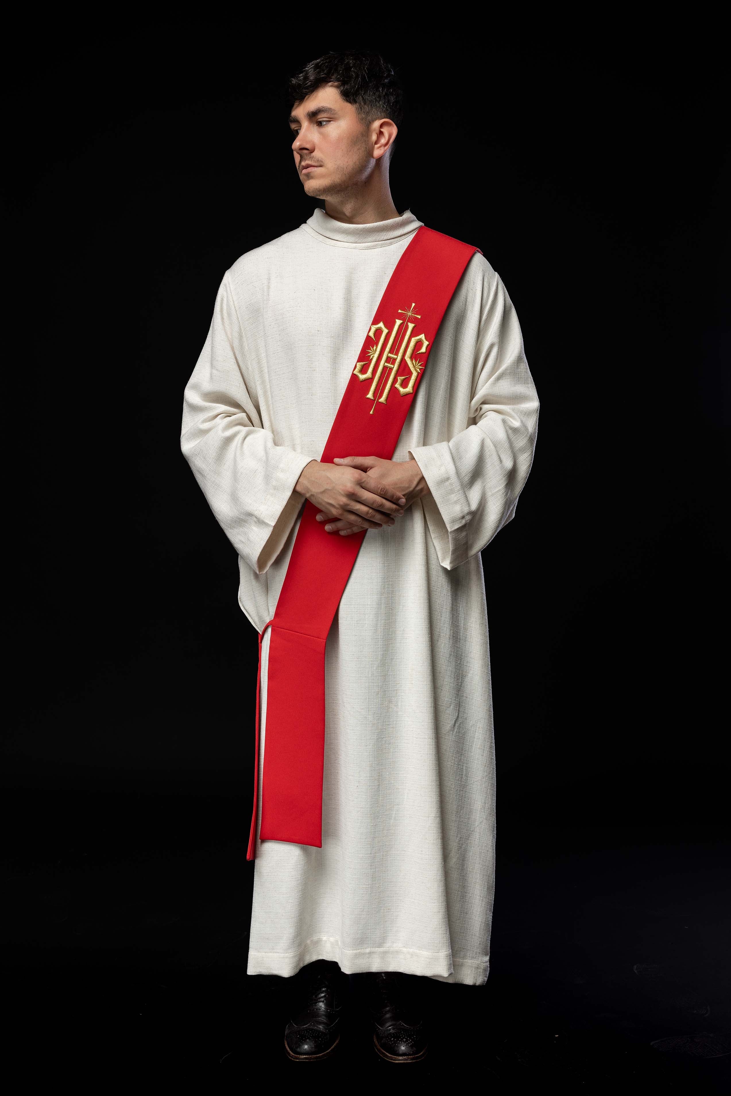 Stola diaconale ricamata IHS con Croce Rossa
