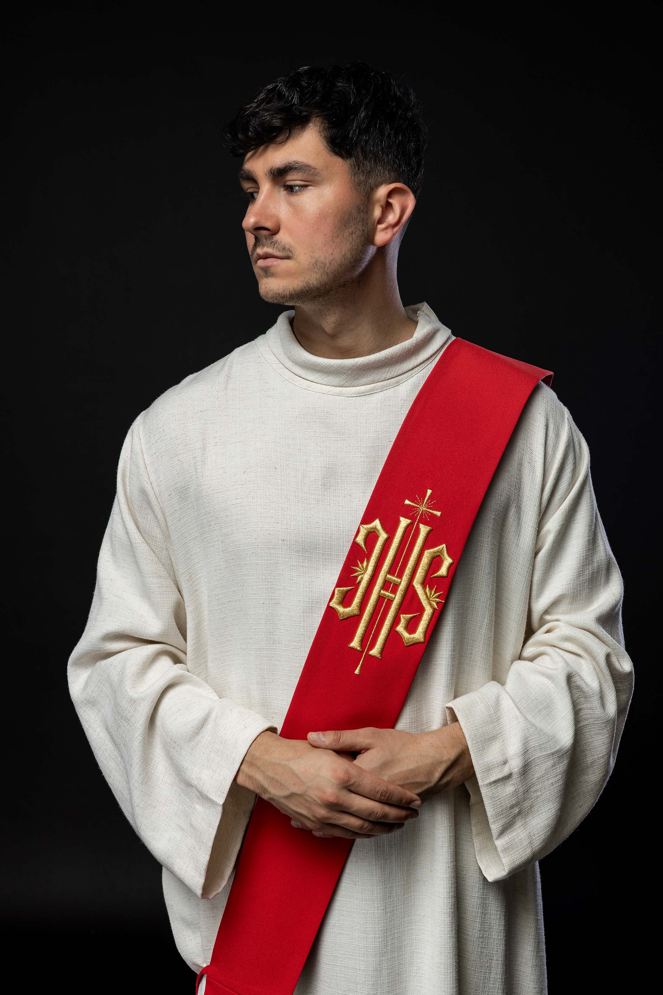 Stola diaconale ricamata IHS con Croce Rossa