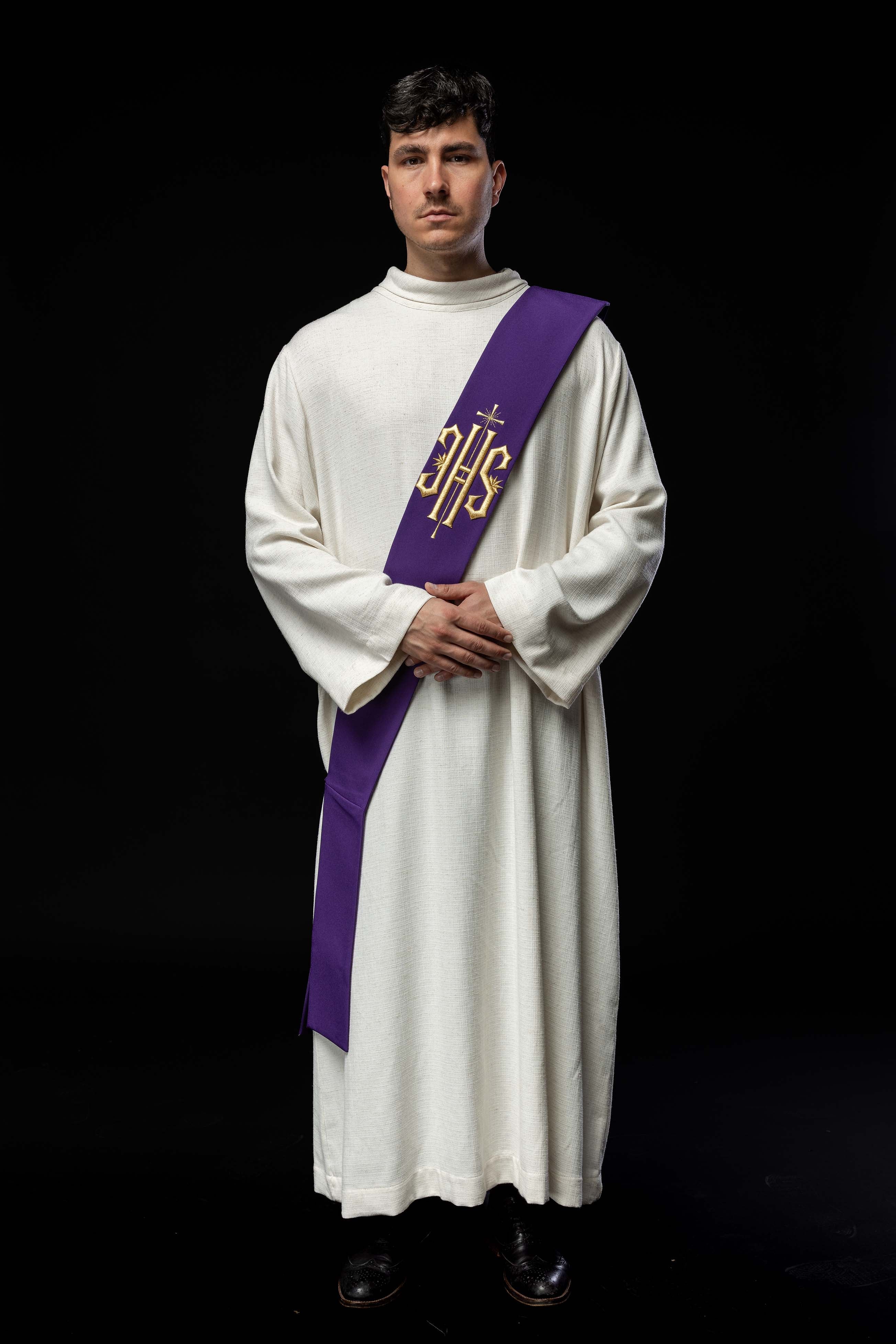 Stola diaconale ricamata IHS con Croce Viola
