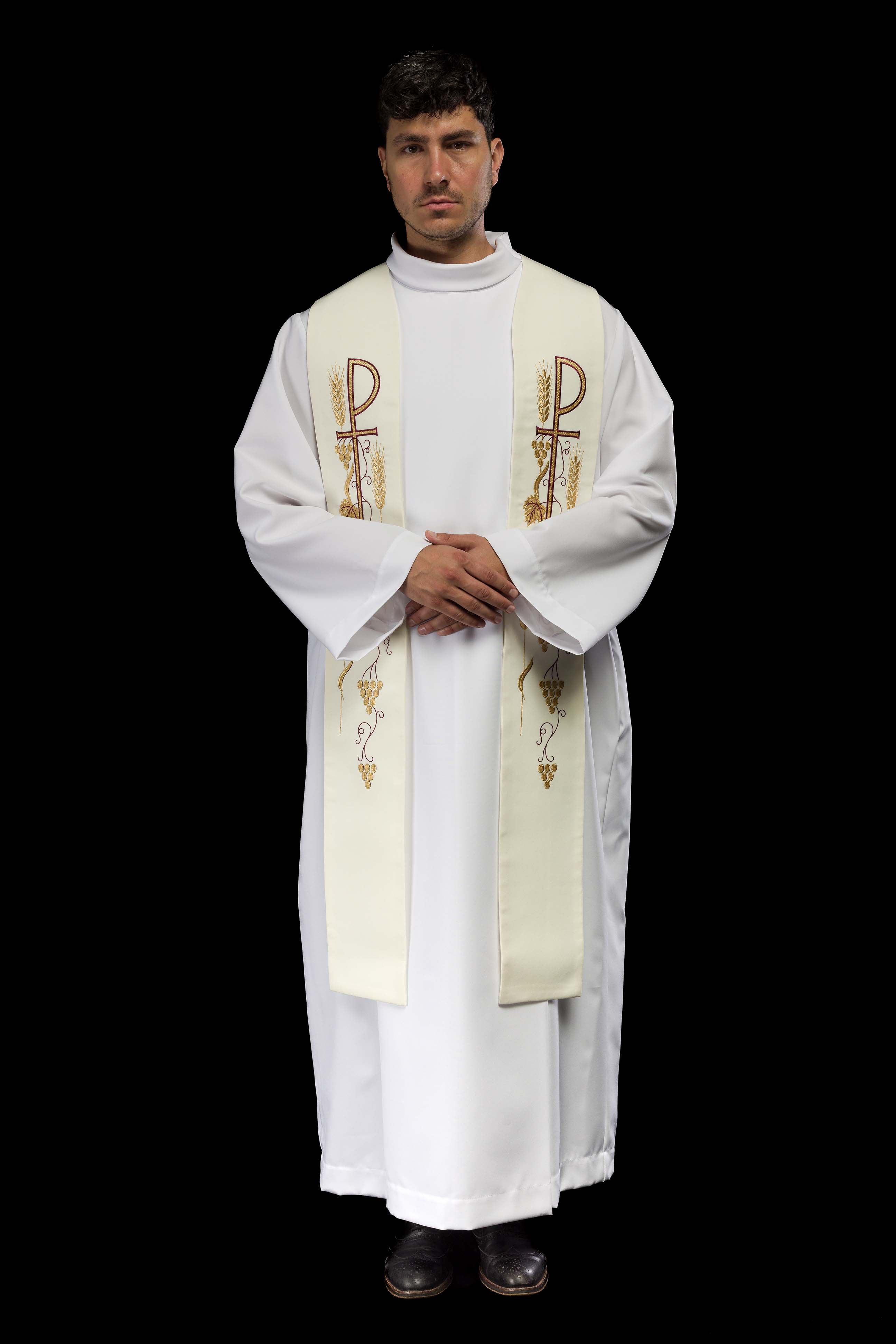 Stola sacerdotale écru ricamata con croce e uva