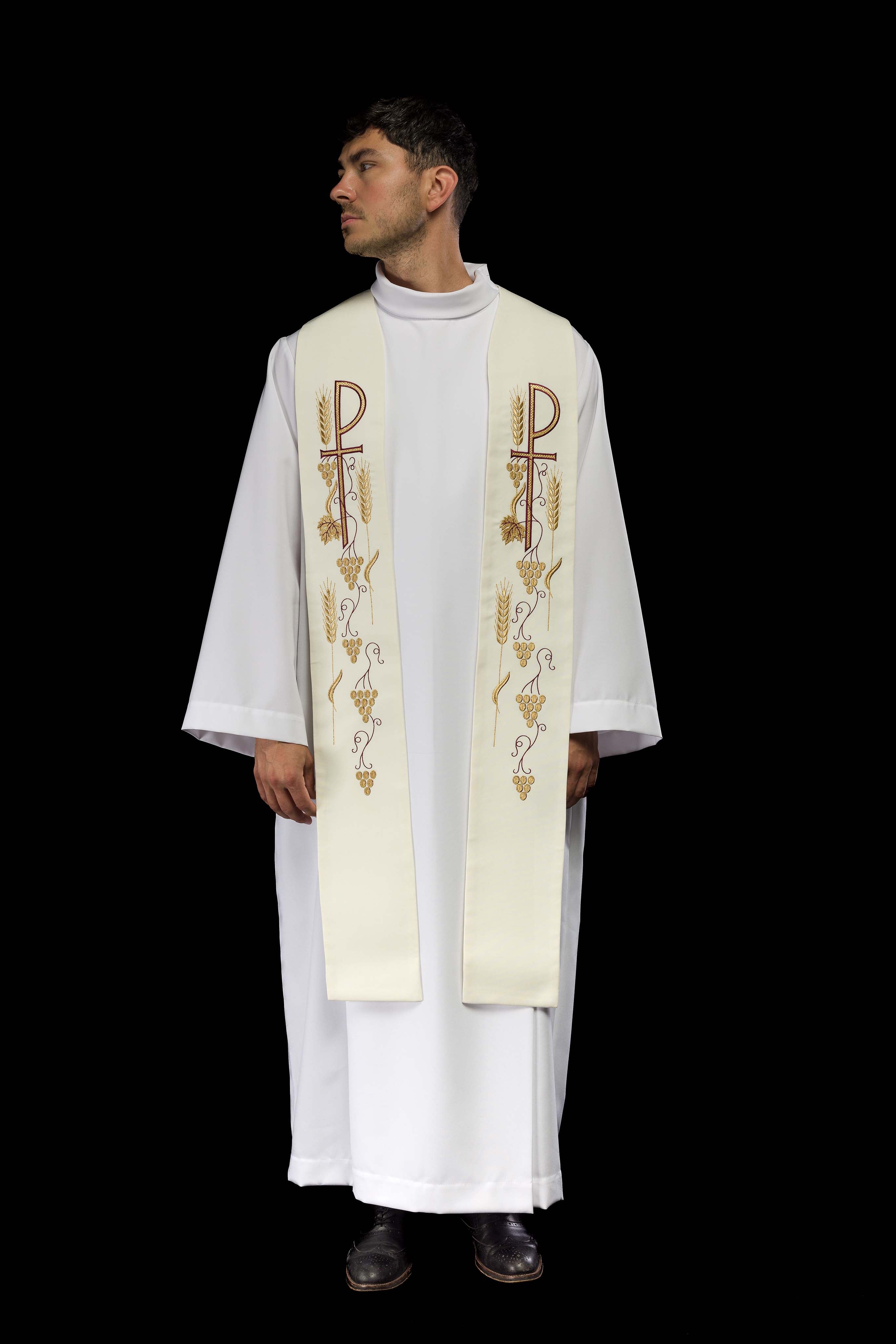 Stola sacerdotale écru ricamata con croce e uva