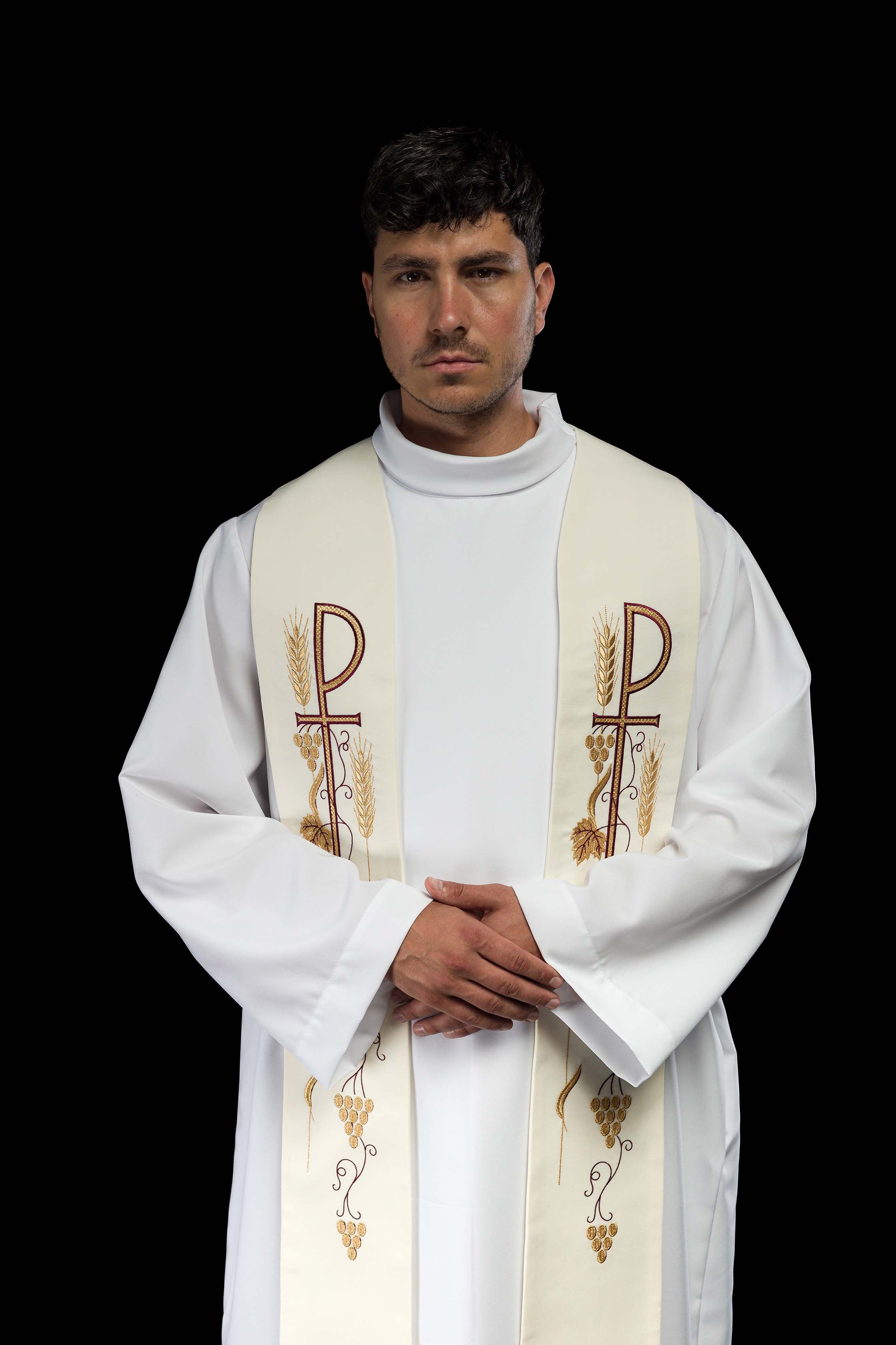 Stola sacerdotale écru ricamata con croce e uva