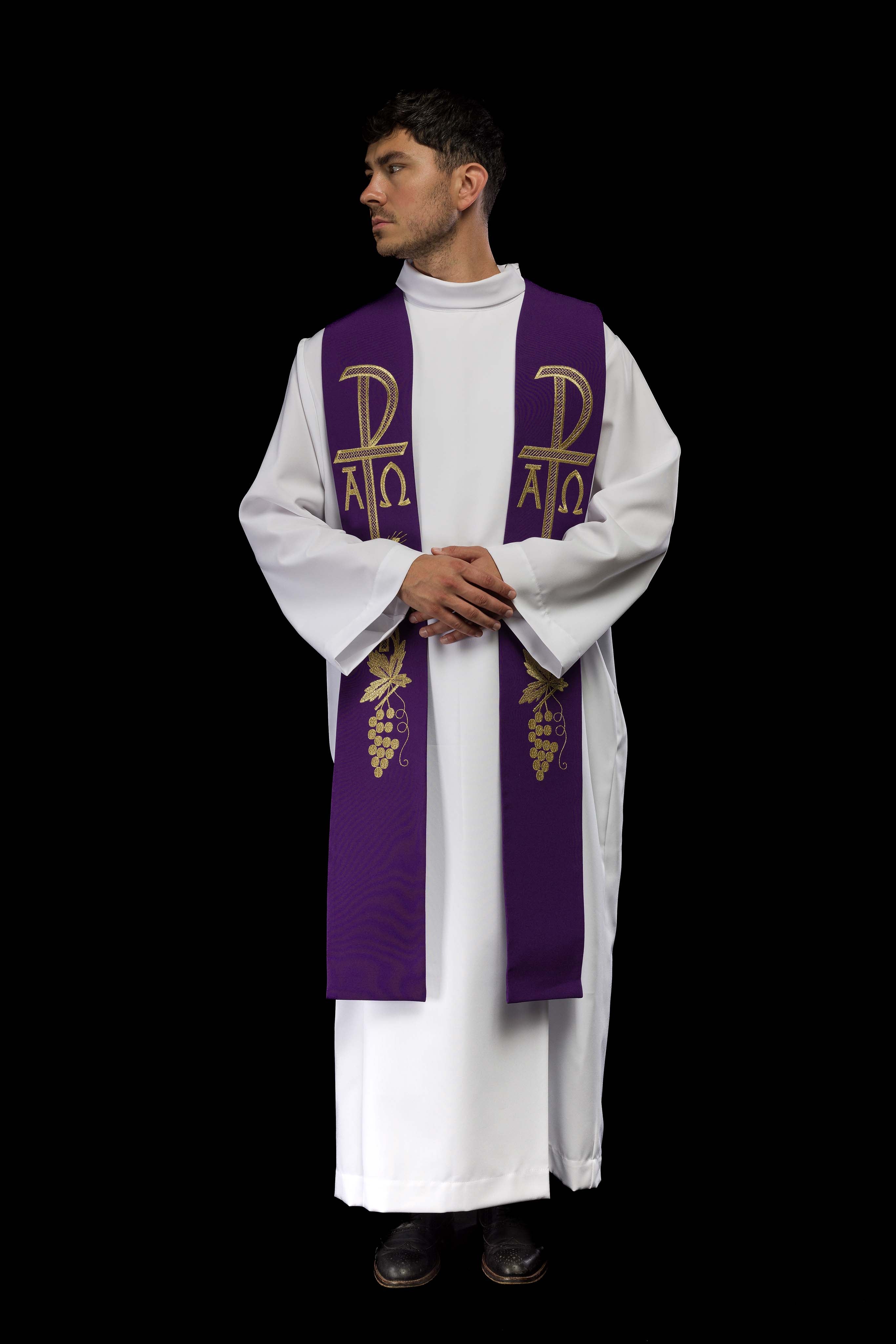 Stola sacerdotale viola ricamata Alfa e Omega