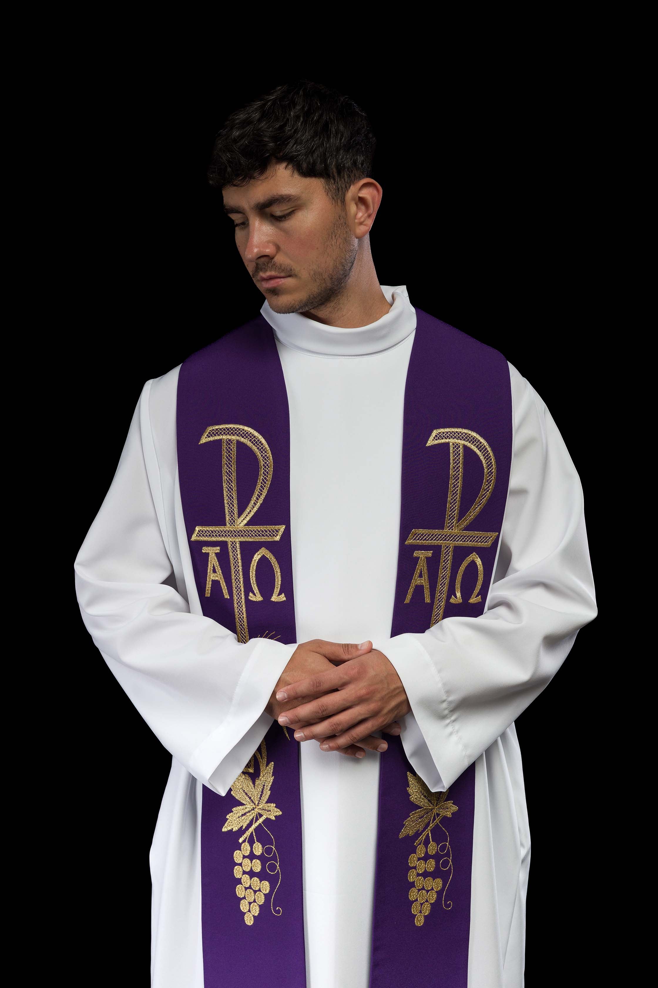 Stola sacerdotale viola ricamata Alfa e Omega