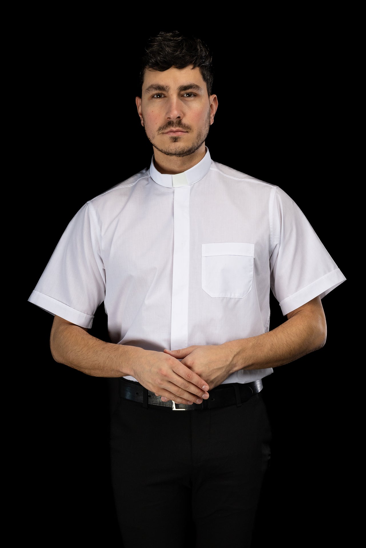 Camicia clergy bianca a maniche corte con colletto romano