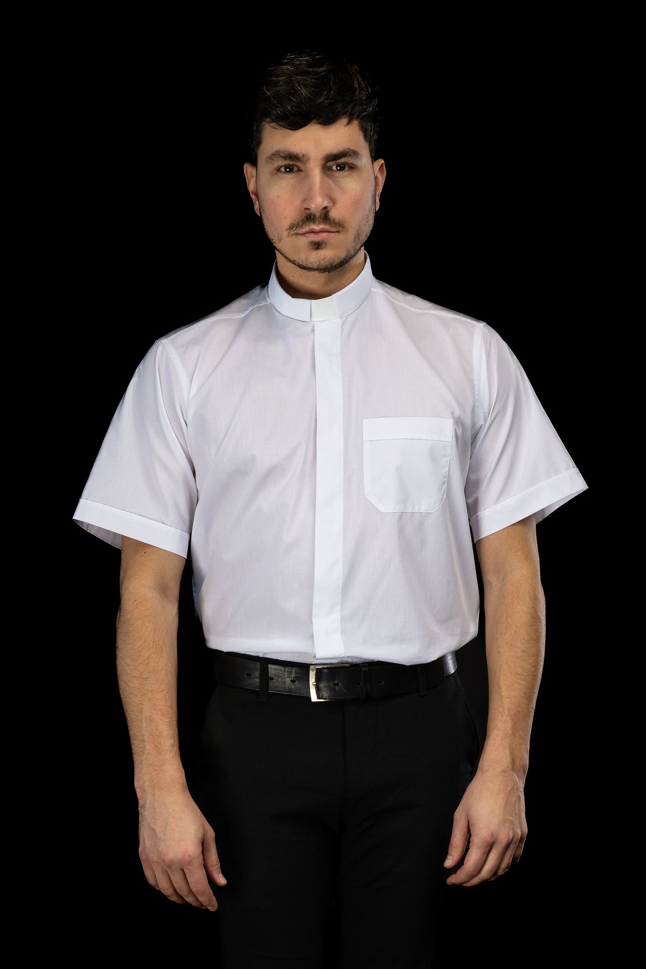 Camicia clergy bianca a maniche corte con colletto romano