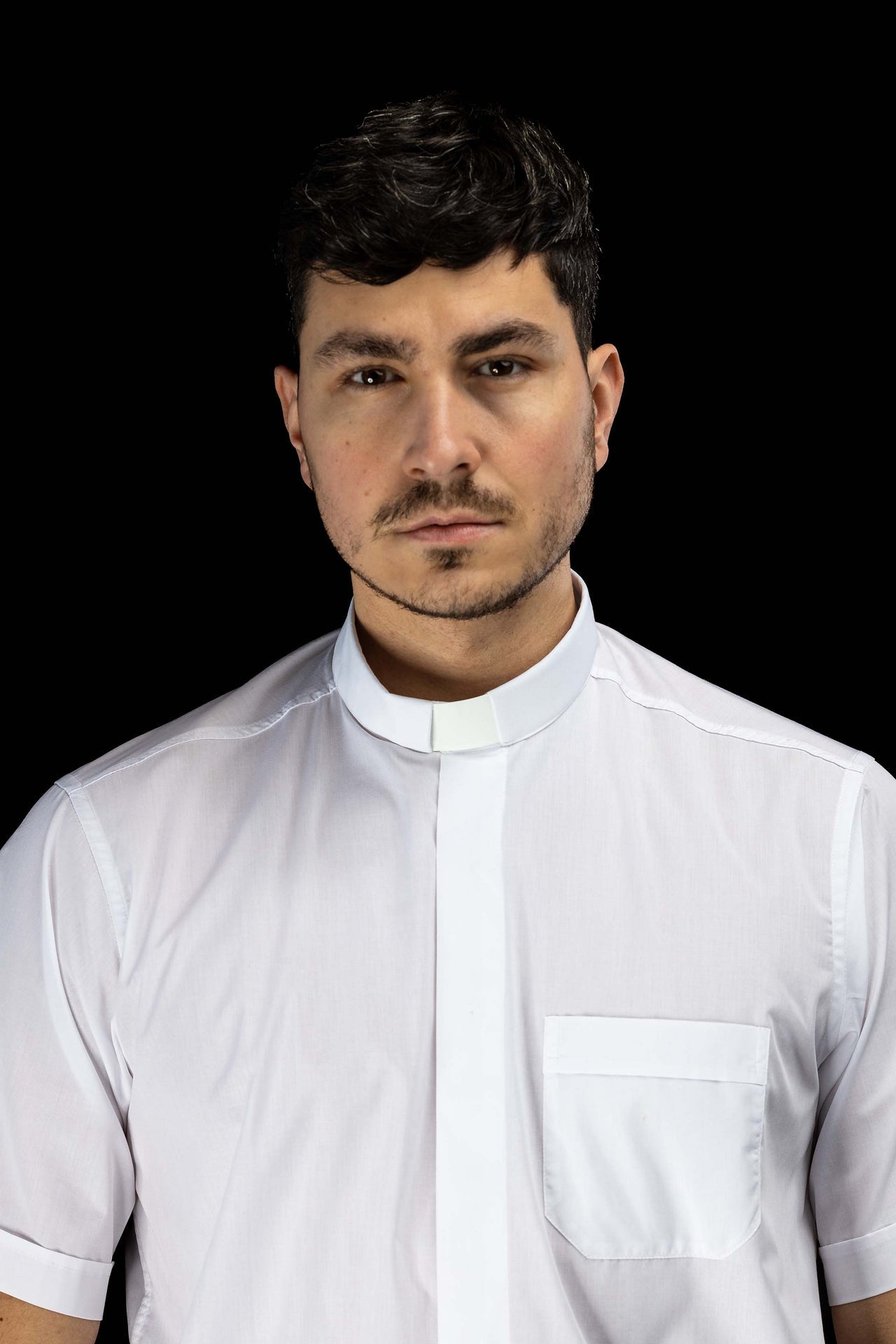 Camicia clergy bianca a maniche corte con colletto romano