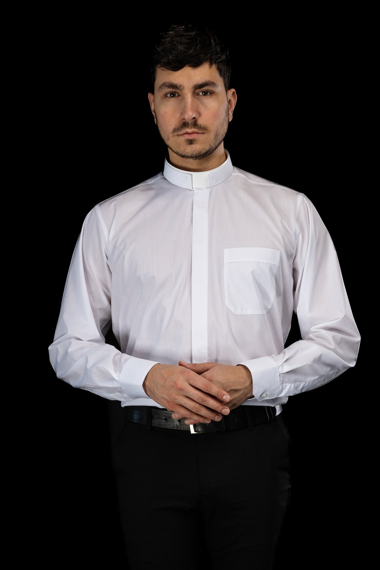 Camicia clergy romana bianca a maniche lunghe con colletto romano