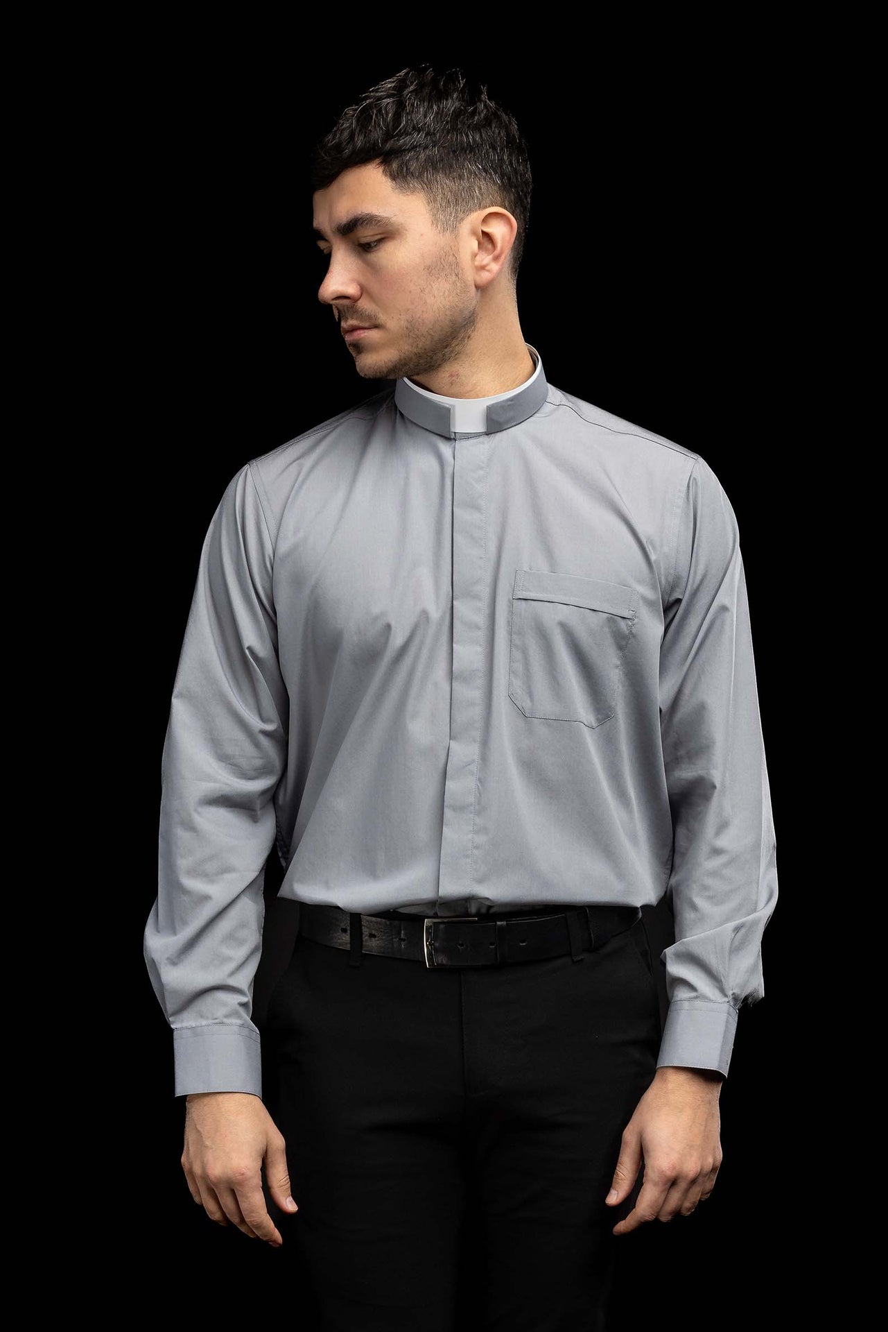 Camicia clergy romana grigio chiaro a maniche lunghe con colletto romano