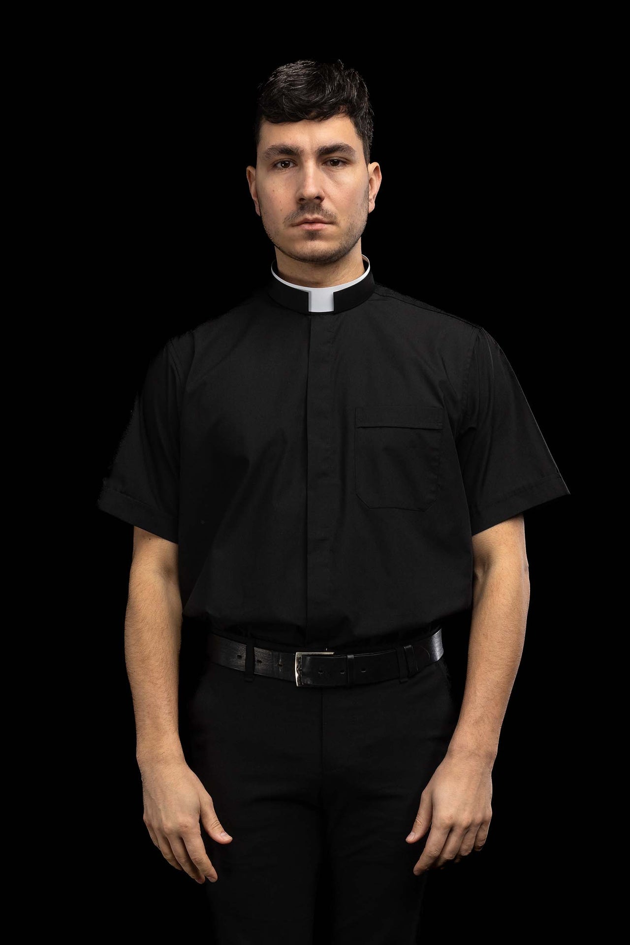 Camicia clergy romana nera a maniche corte con colletto romano